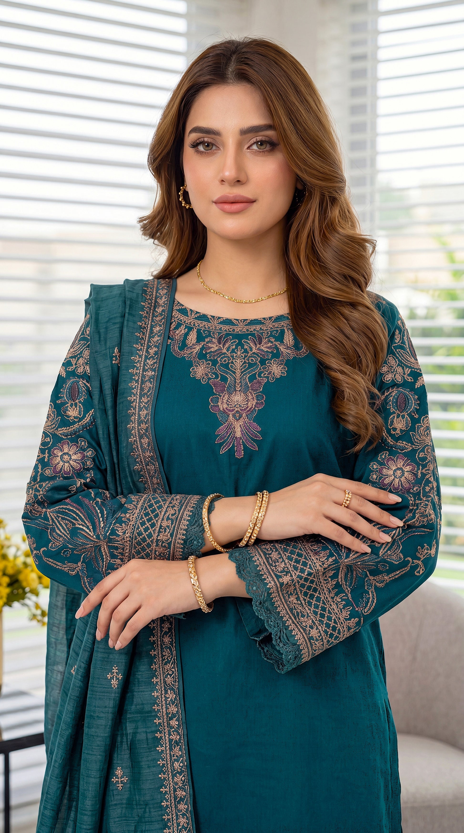 3 Piece Cotton Suit | PE00914 | Emerald & Mehroon Gold Embroidered Kurta with Printed Trouser & Border Dupatta | Cotton GRN / SML