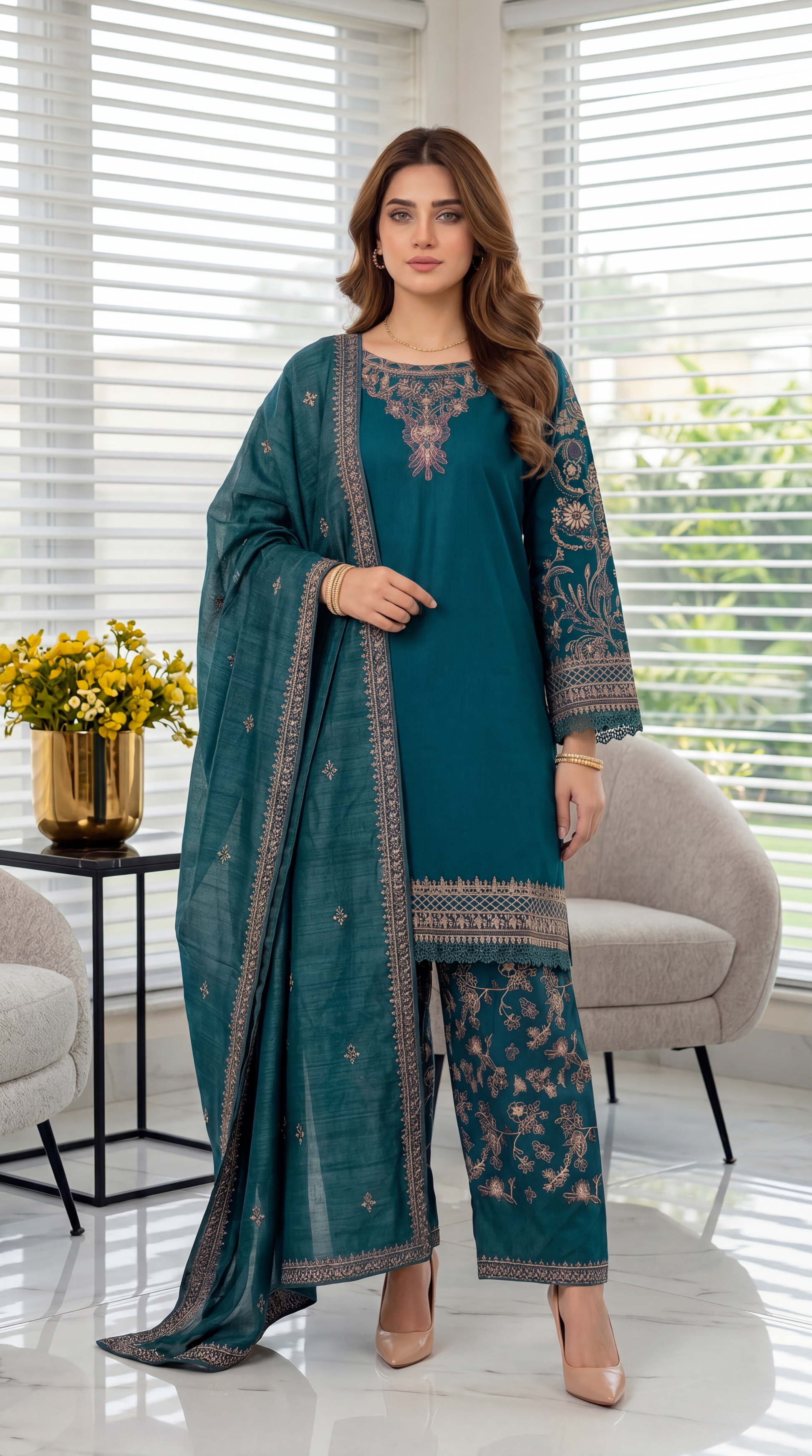 3 Piece Cotton Suit | PE00914 | Emerald & Mehroon Gold Embroidered Kurta with Printed Trouser & Border Dupatta | Cotton GRN / SML