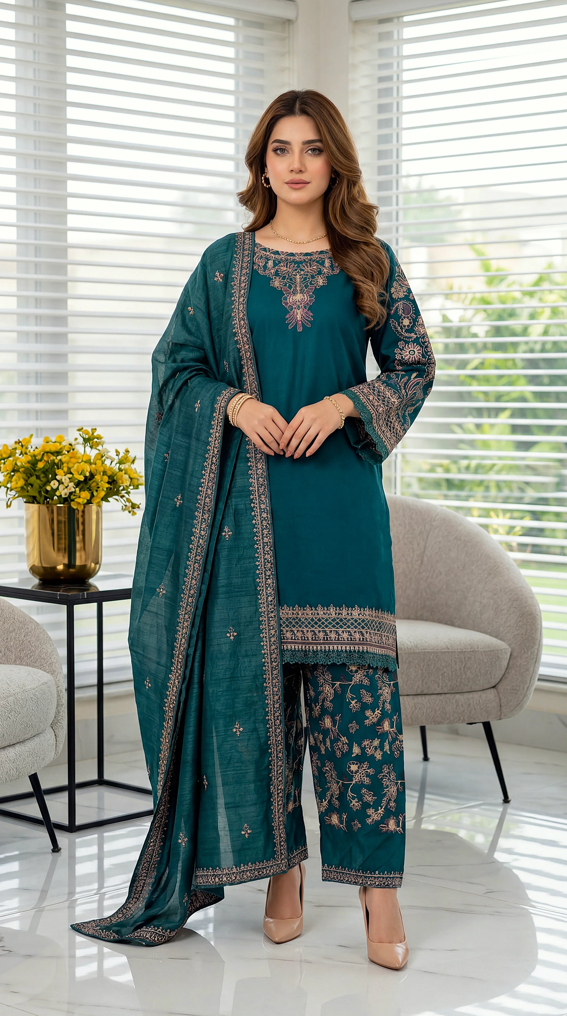3 Piece Cotton Suit | PE00914 | Emerald & Mehroon Gold Embroidered Kurta with Printed Trouser & Border Dupatta | Cotton GRN / SML