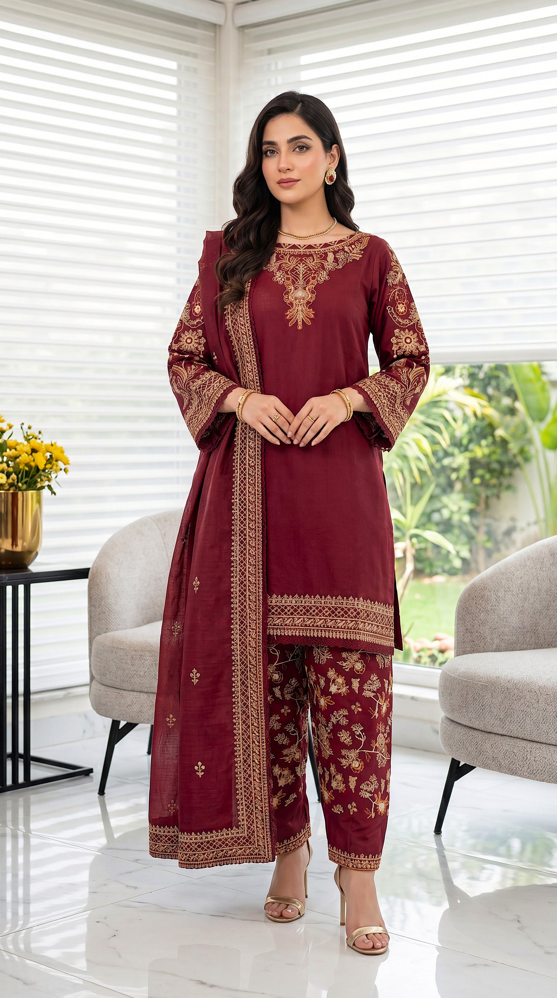 3 Piece Cotton Suit | PE00914 | Emerald & Mehroon Gold Embroidered Kurta with Printed Trouser & Border Dupatta | Cotton MRN / SML