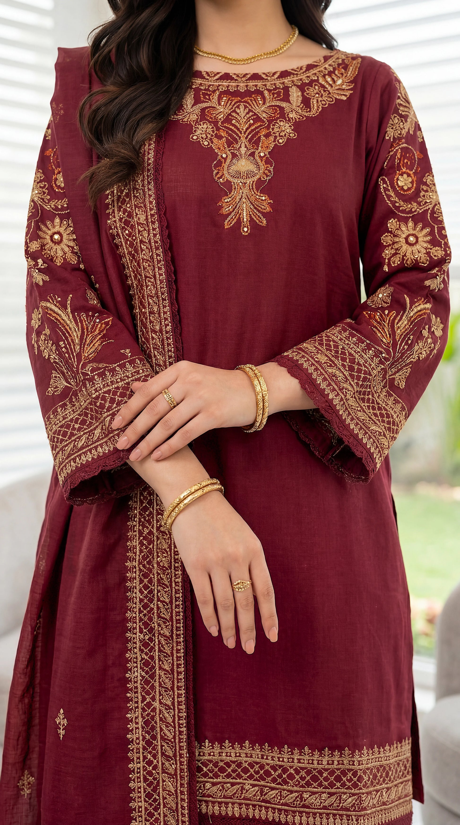 3 Piece Cotton Suit | PE00914 | Emerald & Mehroon Gold Embroidered Kurta with Printed Trouser & Border Dupatta | Cotton MRN / SML