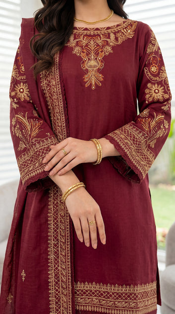 3 Piece Cotton Suit | PE00914 | Emerald & Mehroon Gold Embroidered Kurta with Printed Trouser & Border Dupatta | Cotton MRN / SML