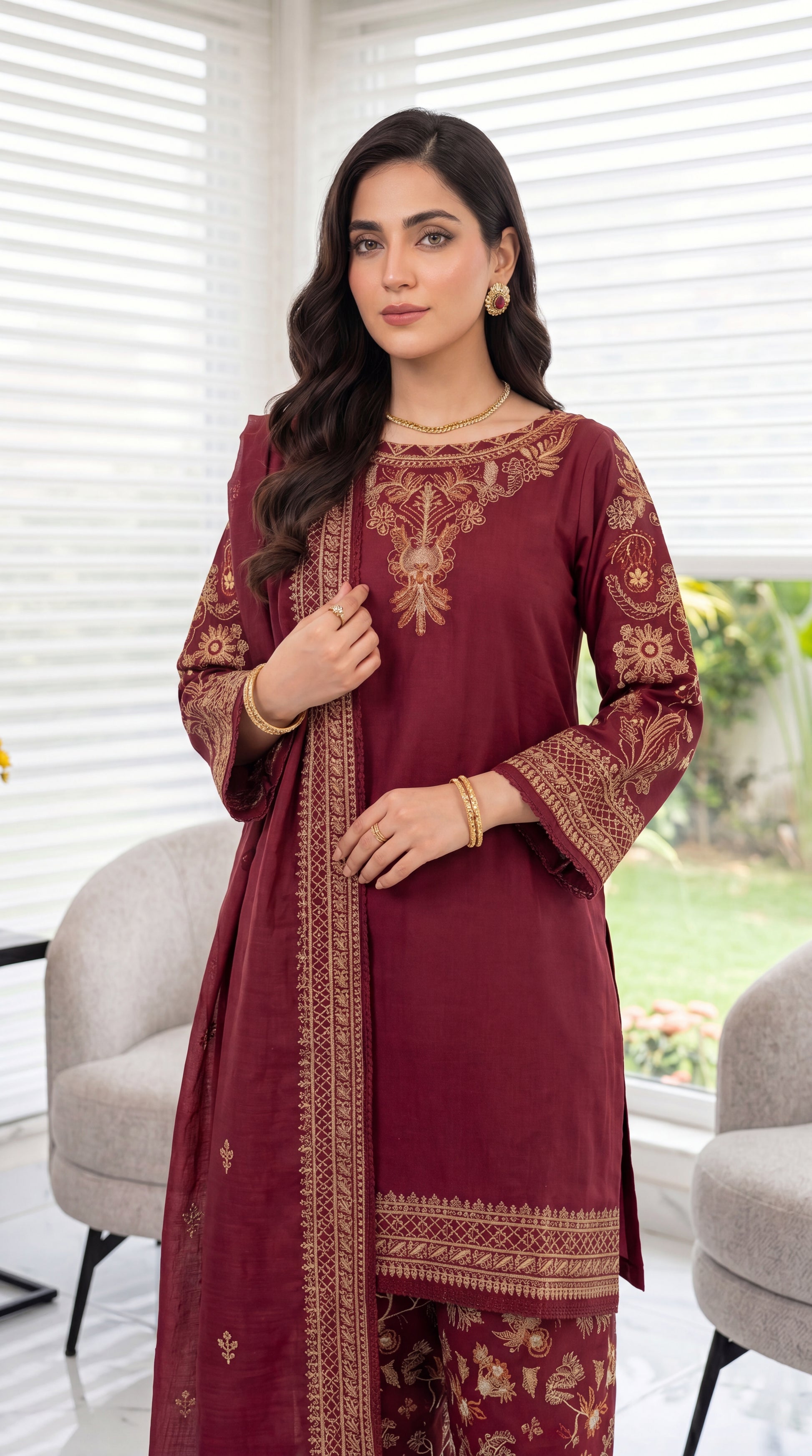 3 Piece Cotton Suit | PE00914 | Emerald & Mehroon Gold Embroidered Kurta with Printed Trouser & Border Dupatta | Cotton MRN / SML