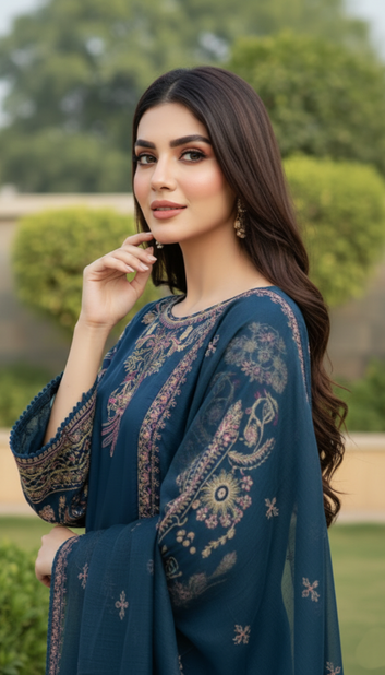 Ladies Suit  PE00914 – Teal Embroidered 3 Piece Soft Cambric