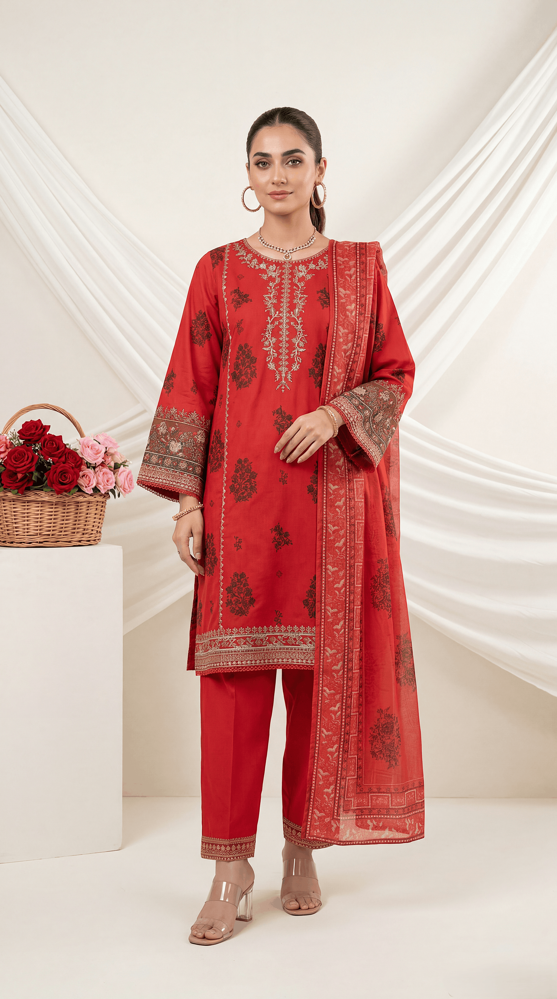 Ladies 3 Pc Embriodery Suit Blue Floral  - PE00916 RED / SML