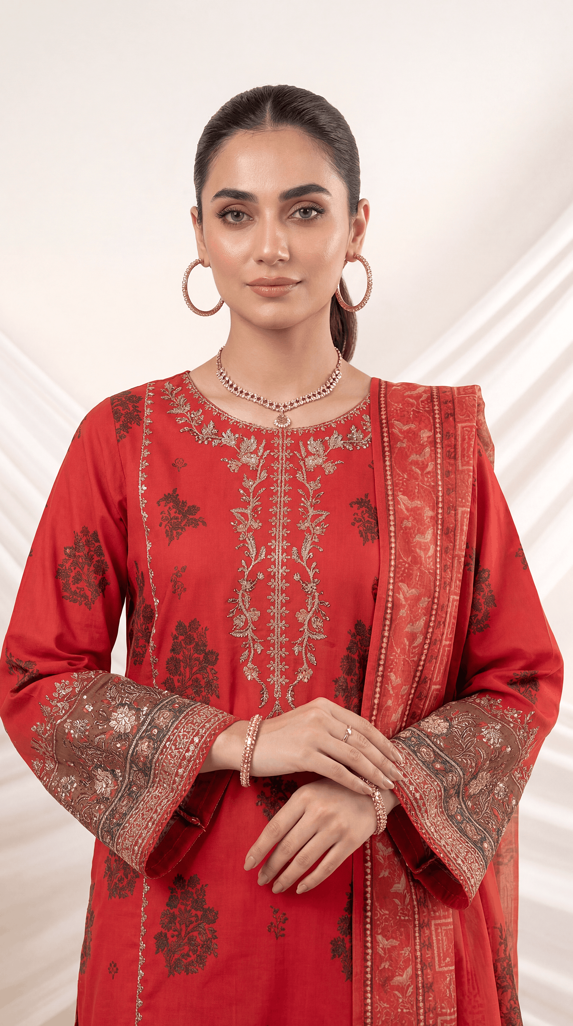 Ladies 3 Pc Embriodery Suit Blue Floral  - PE00916 RED / SML