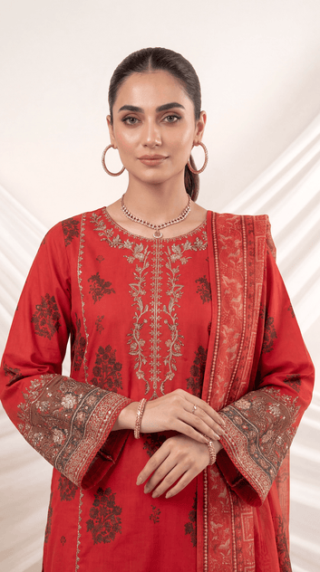 Ladies 3 Pc Embriodery Suit Blue Floral  - PE00916 RED / SML