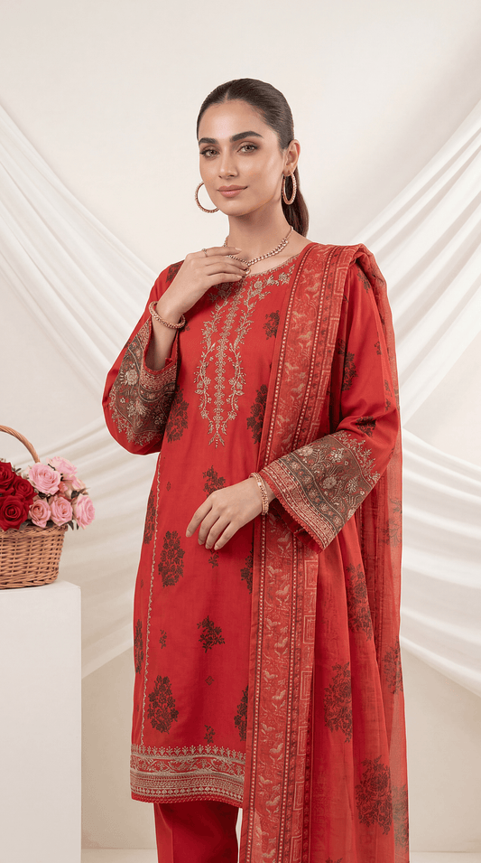 Ladies 3 Pc Embriodery Suit Blue Floral  - PE00916 RED / SML