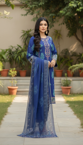 Ladies 3 Pc Embriodery Suit Blue Floral  - PE00916