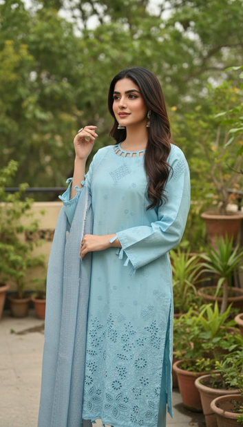 Ladies  Suit PE00917 – Sky Blue Cutwork  3 Piece  Cotton