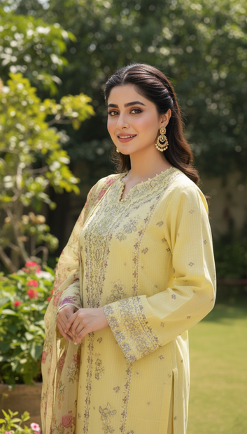 Ladies  Suit PE00919 – Lemon 3 Piece Cotton Embroidered