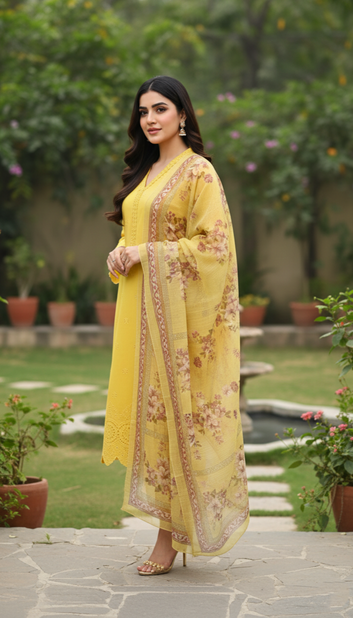 Ladies  Suit PE00920 – Yellow Floral Design 3 Piece Cotton