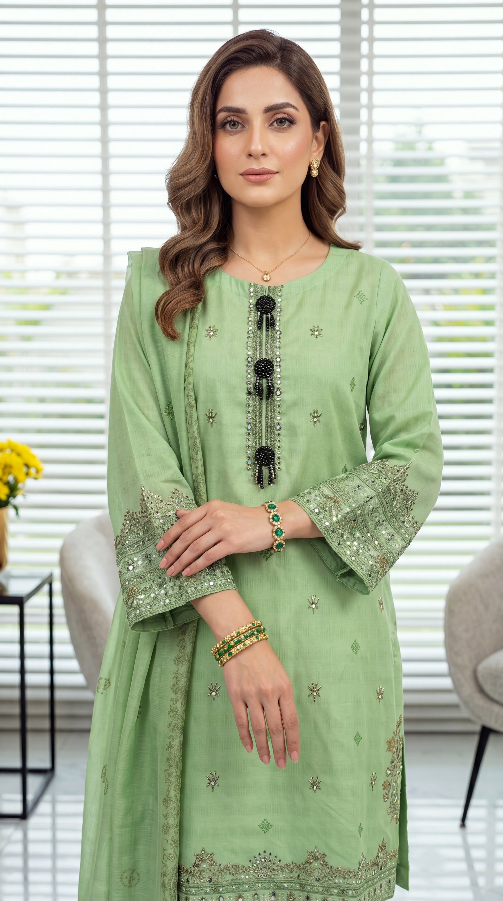Women's Kurta Set PE00921 | Tassel Neckline, Mirror Work & Embroidered Motifs | 3 Piece | Soft Slub Lawn GREEN / SML