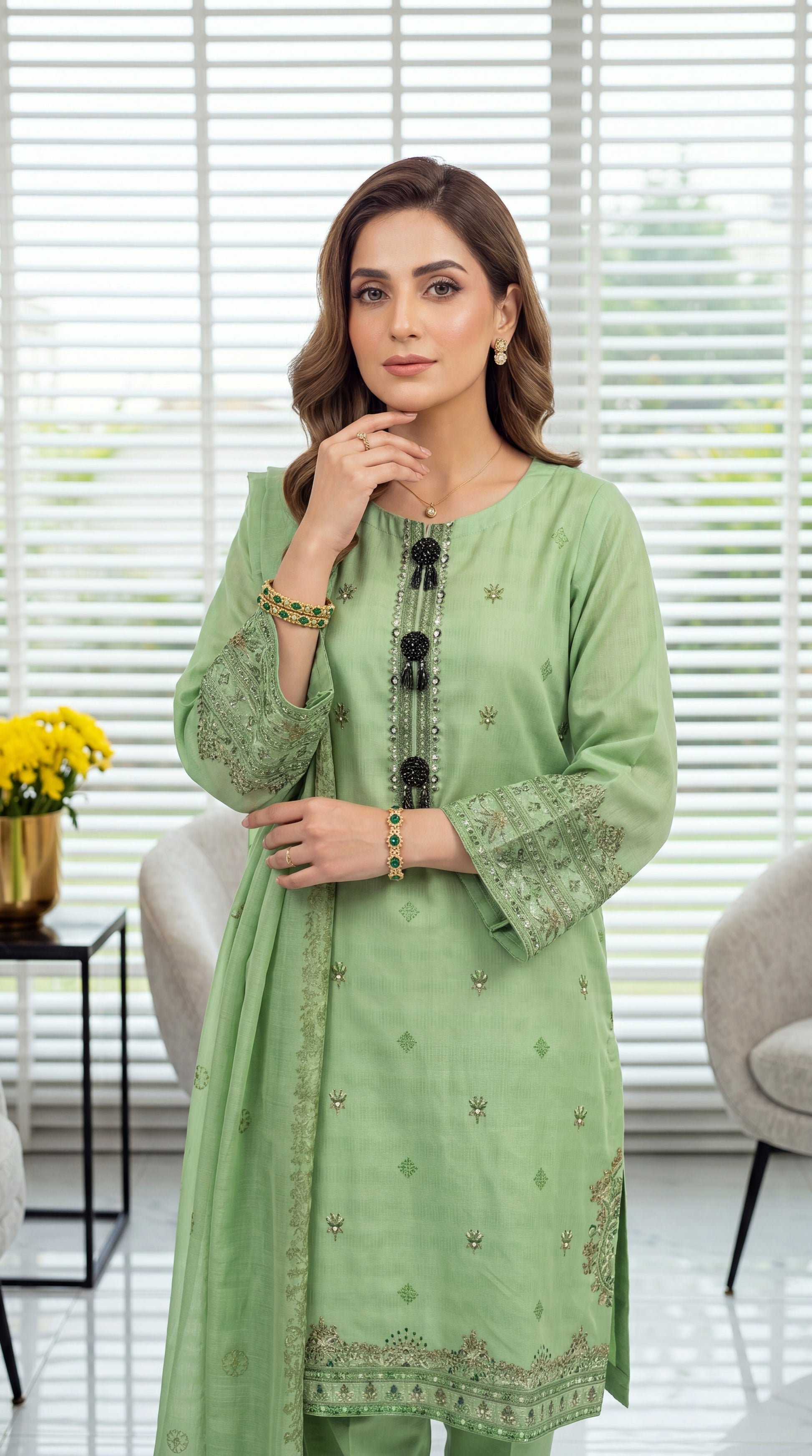 Women's Kurta Set PE00921 | Tassel Neckline, Mirror Work & Embroidered Motifs | 3 Piece | Soft Slub Lawn GREEN / SML