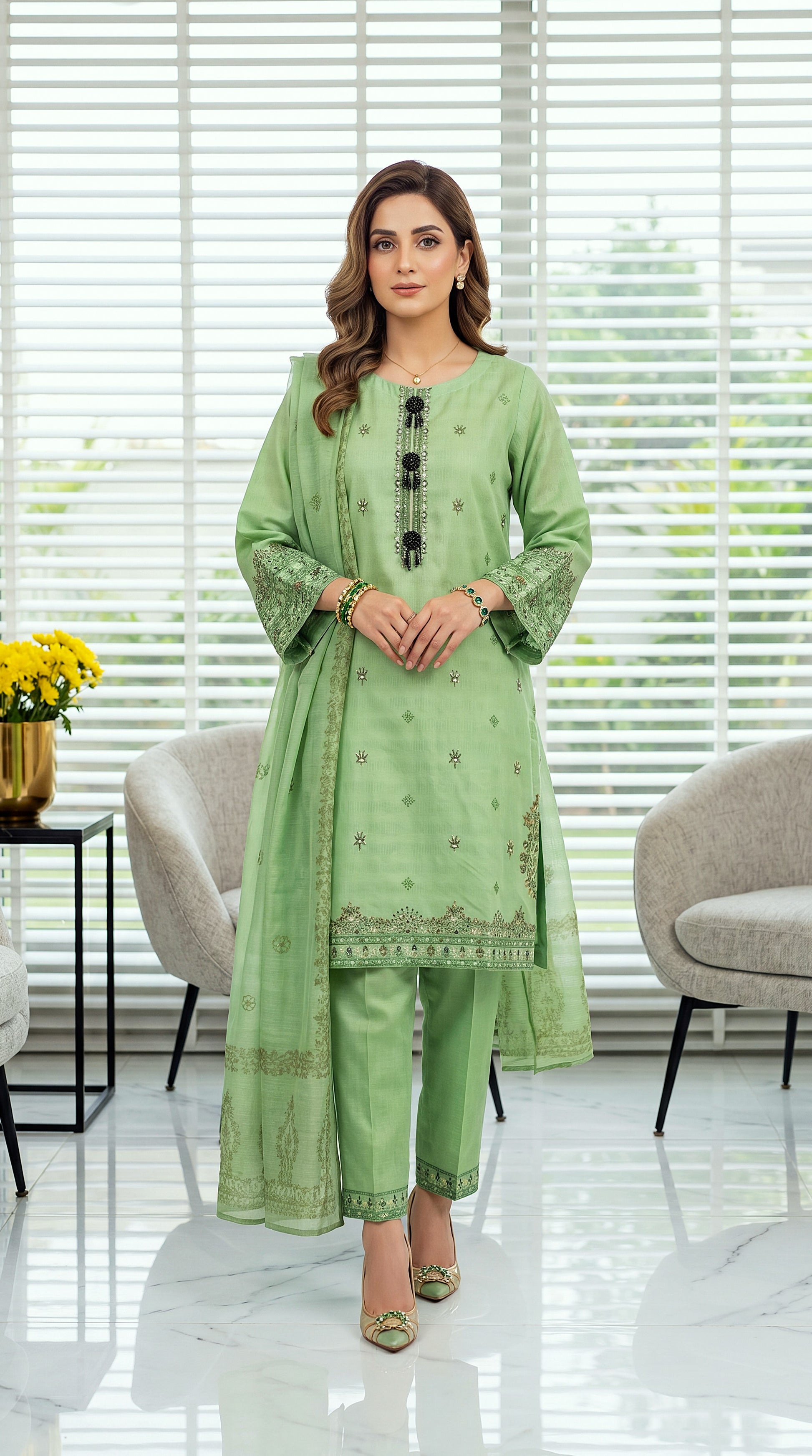 Women's Kurta Set PE00921 | Tassel Neckline, Mirror Work & Embroidered Motifs | 3 Piece | Soft Slub Lawn GREEN / SML