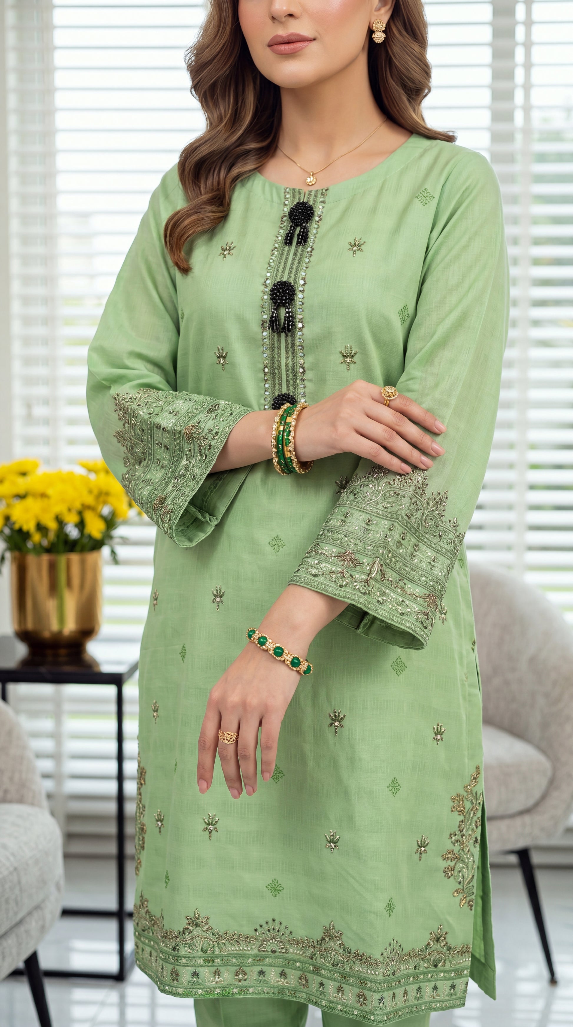 Women's Kurta Set PE00921 | Tassel Neckline, Mirror Work & Embroidered Motifs | 3 Piece | Soft Slub Lawn GREEN / SML