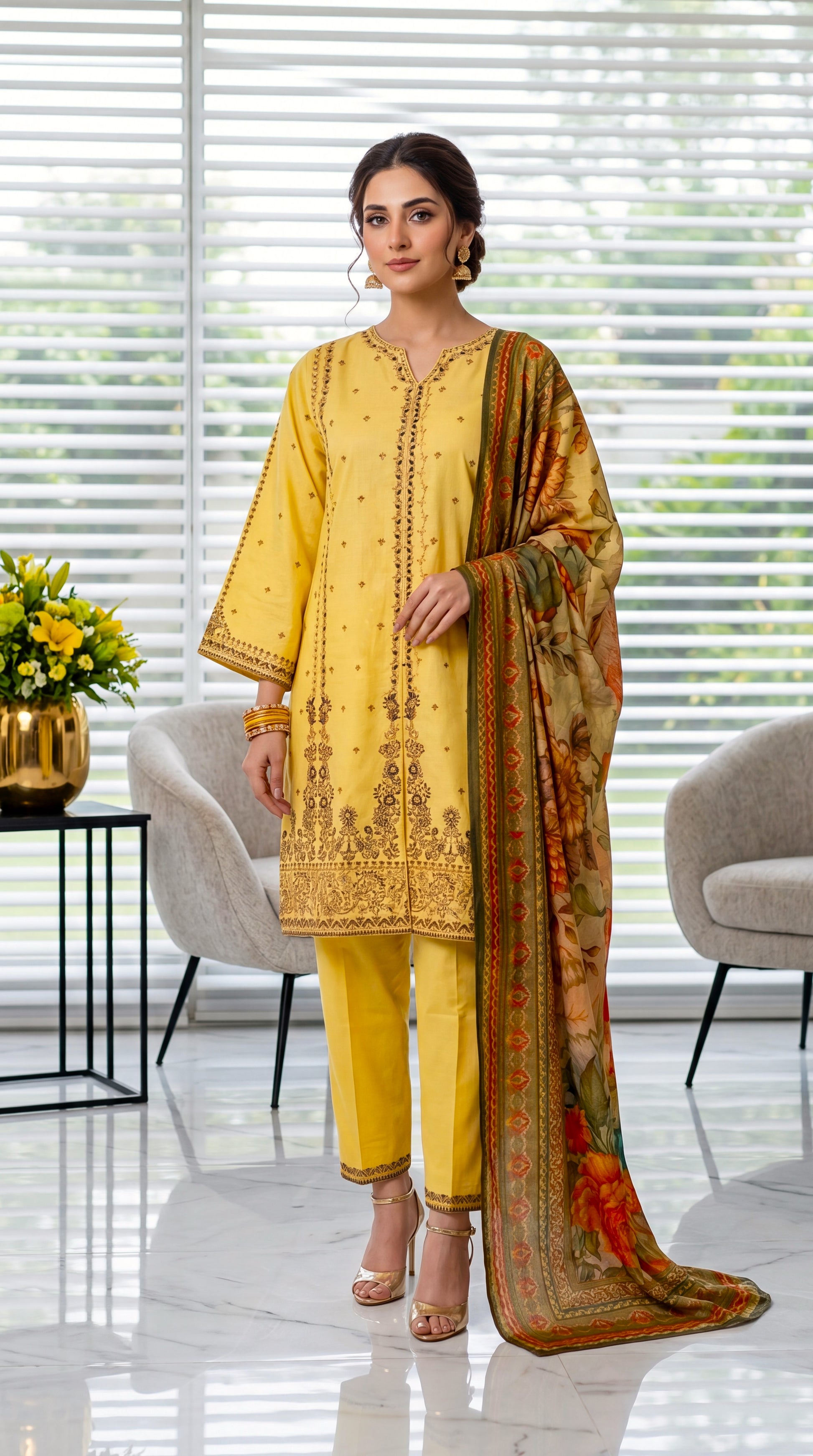 Women's Printed Suit PE00922 | Ethnic Border Print & Floral Dupatta | 3 Piece | Premium Cambric CREAM / SML