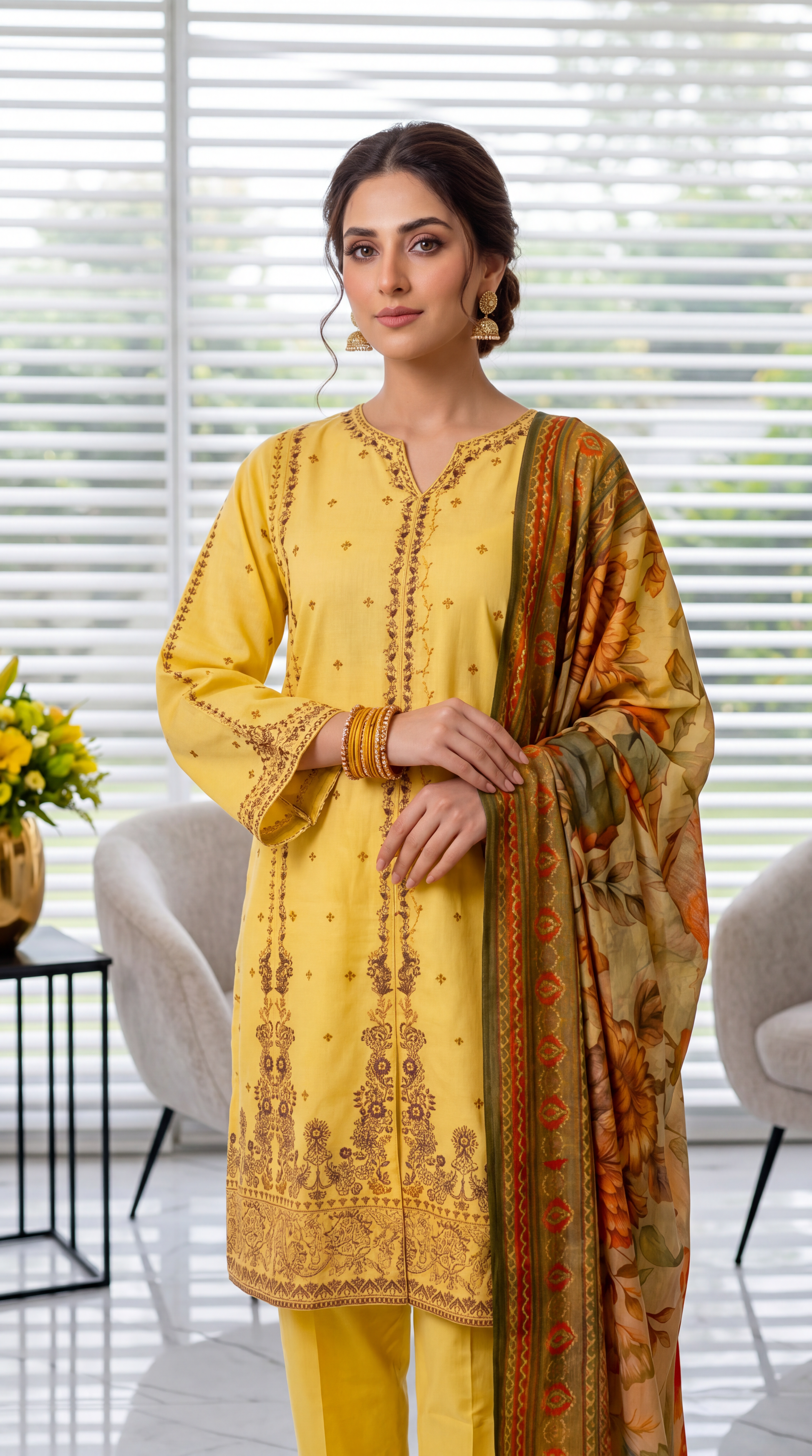 Women's Printed Suit PE00922 | Ethnic Border Print & Floral Dupatta | 3 Piece | Premium Cambric CREAM / SML