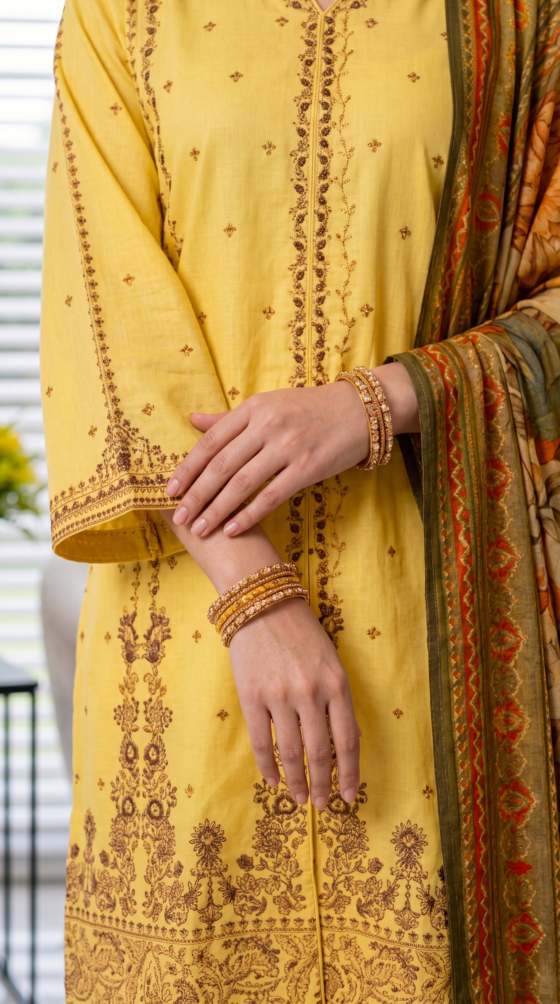 Women's Printed Suit PE00922 | Ethnic Border Print & Floral Dupatta | 3 Piece | Premium Cambric CREAM / SML