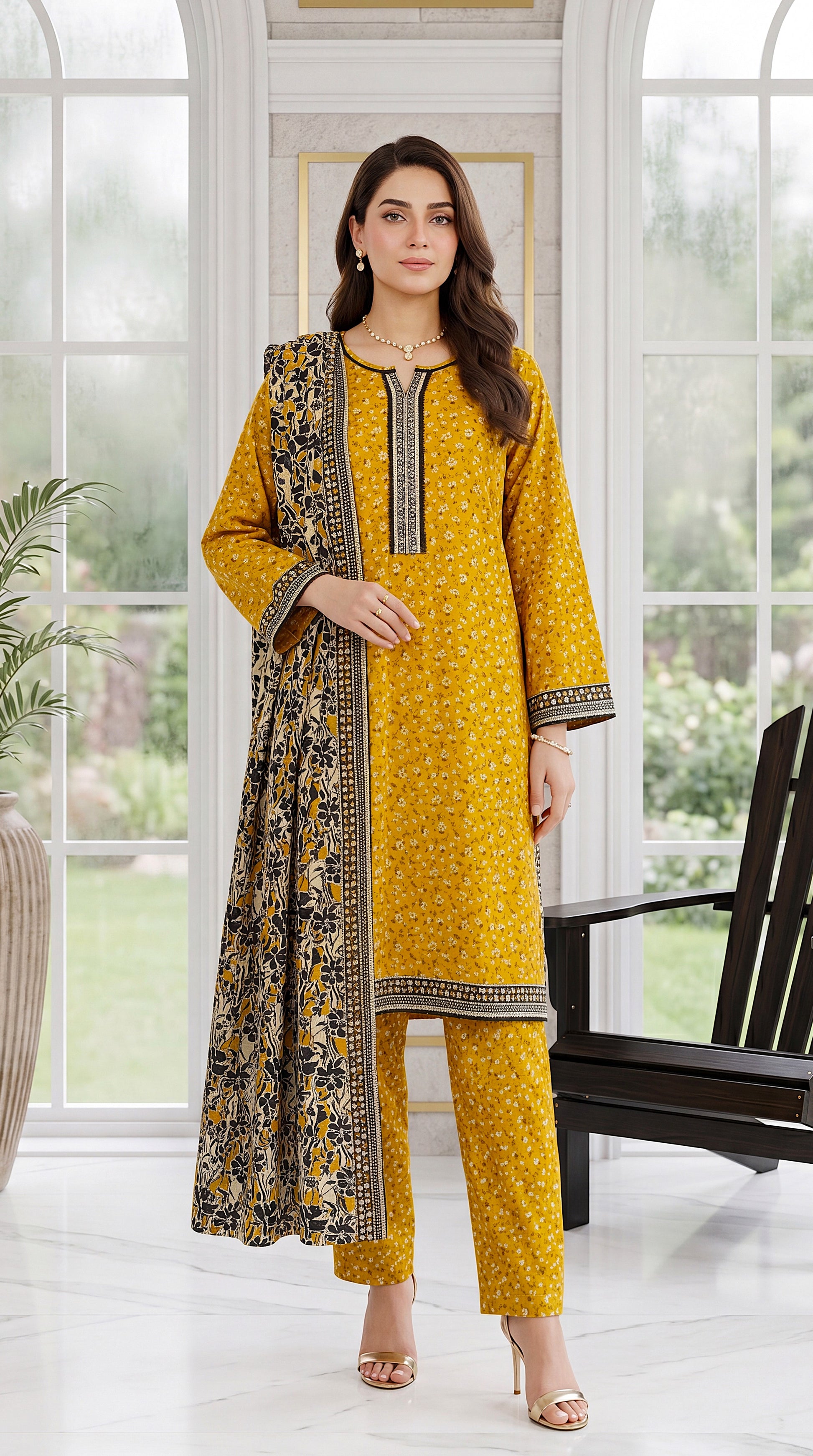 Mustard Yellow Emb Sleeves & Summer Breathable 3 Piece Embroidered Suit - PE00924 MASTERD / SML
