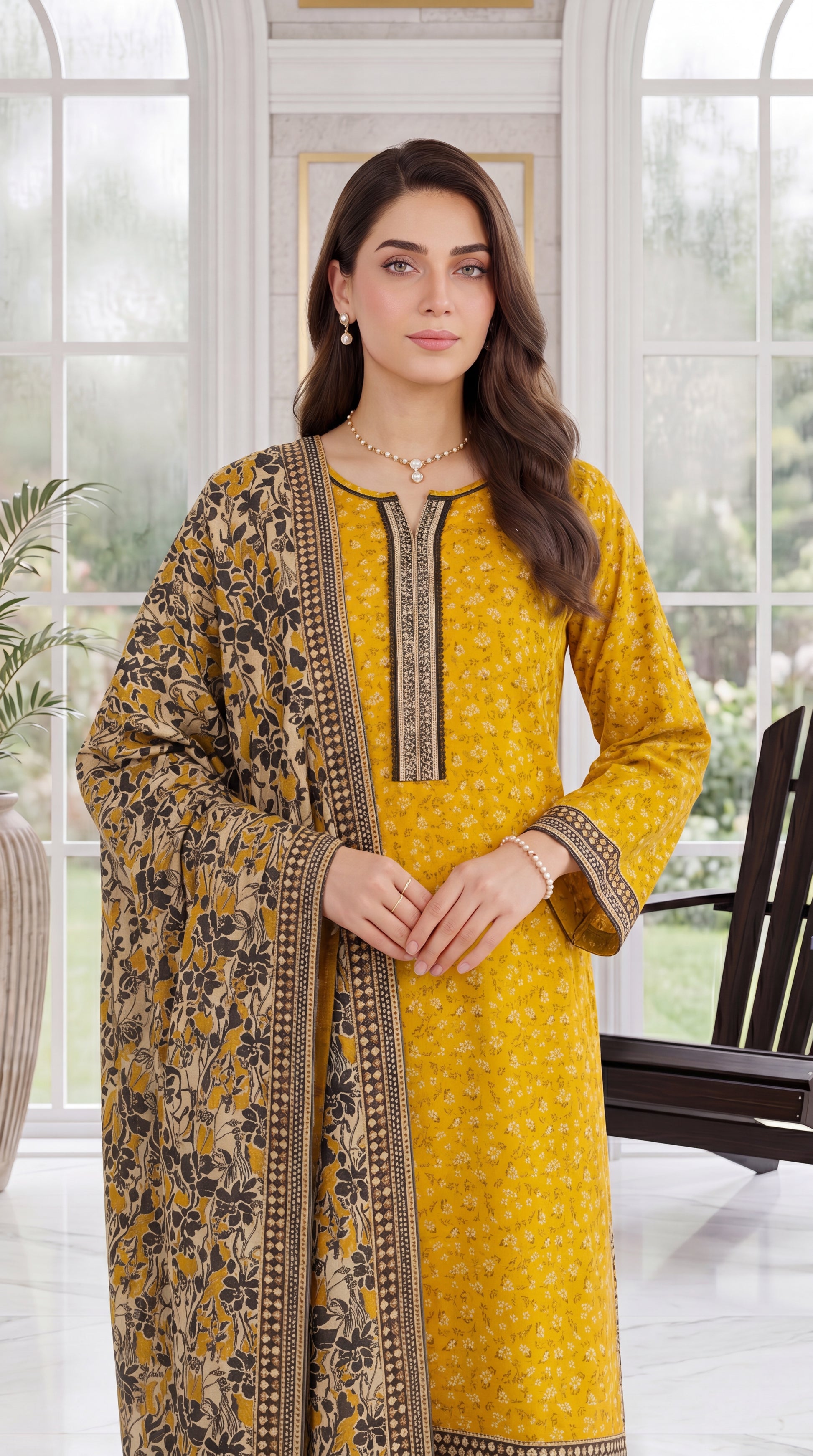 Mustard Yellow Emb Sleeves & Summer Breathable 3 Piece Embroidered Suit - PE00924 MASTERD / SML