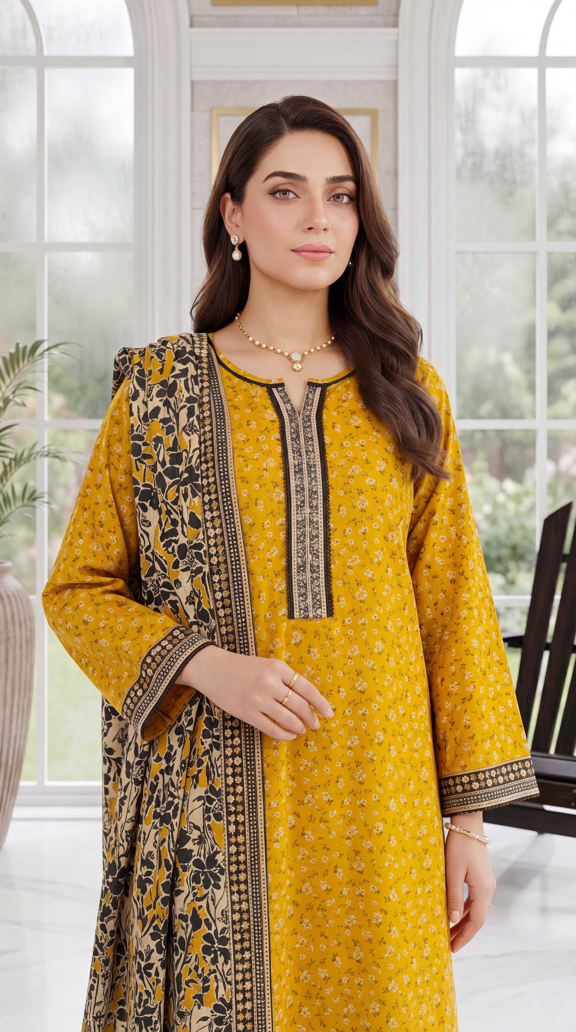 Mustard Yellow Emb Sleeves & Summer Breathable 3 Piece Embroidered Suit - PE00924 MASTERD / SML