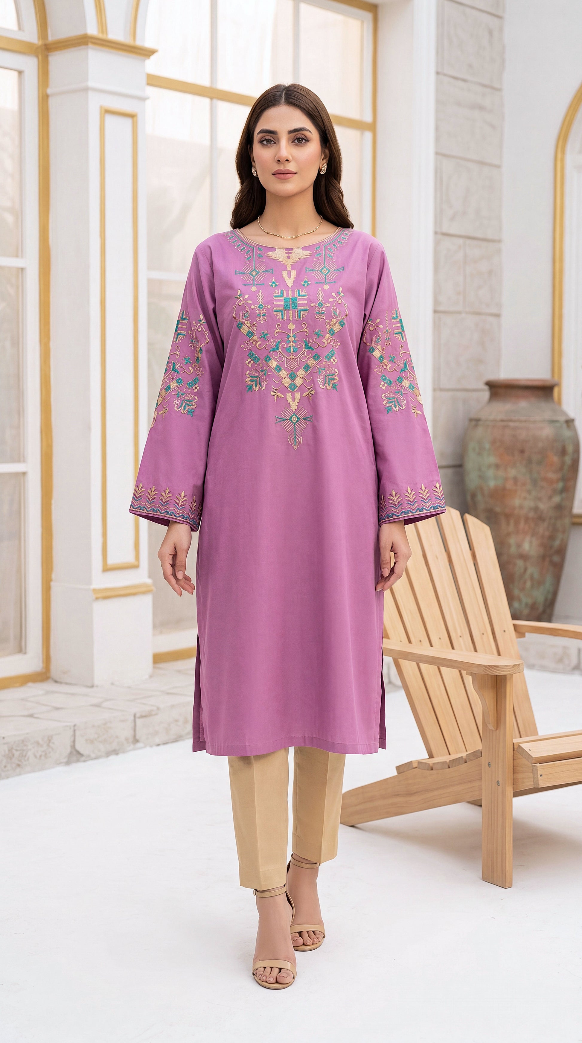 Teal Green Jacquard Dobby Weave & RTW Style 3 Piece Embroidered Suit - PE00963 PURPLE / SML