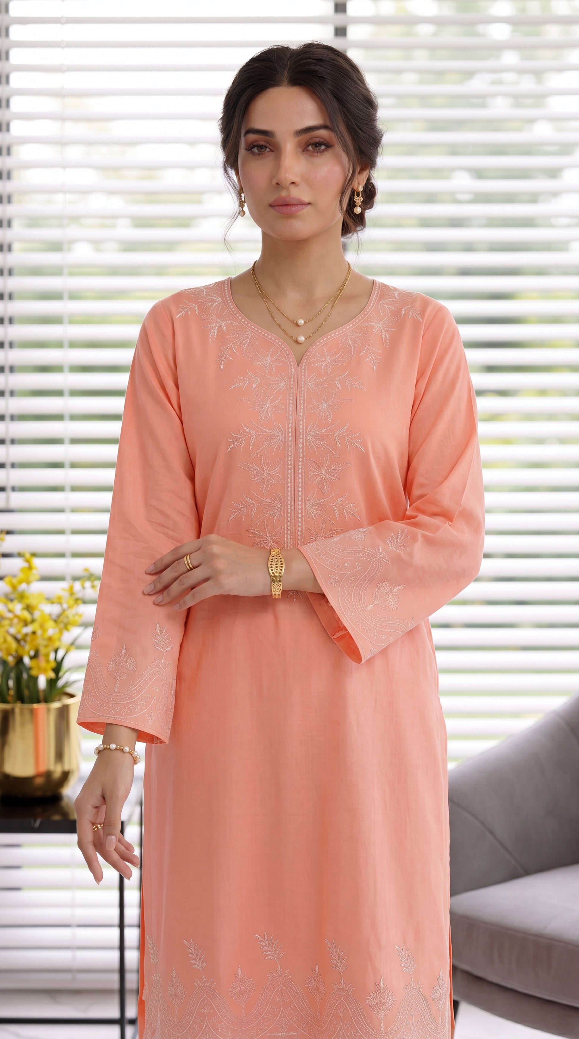 Women's Embroidered Kurta PE00966 | Minimal Floral Threadwork & Border Detail | 2 Piece | Cotton Viscose PINK / SML