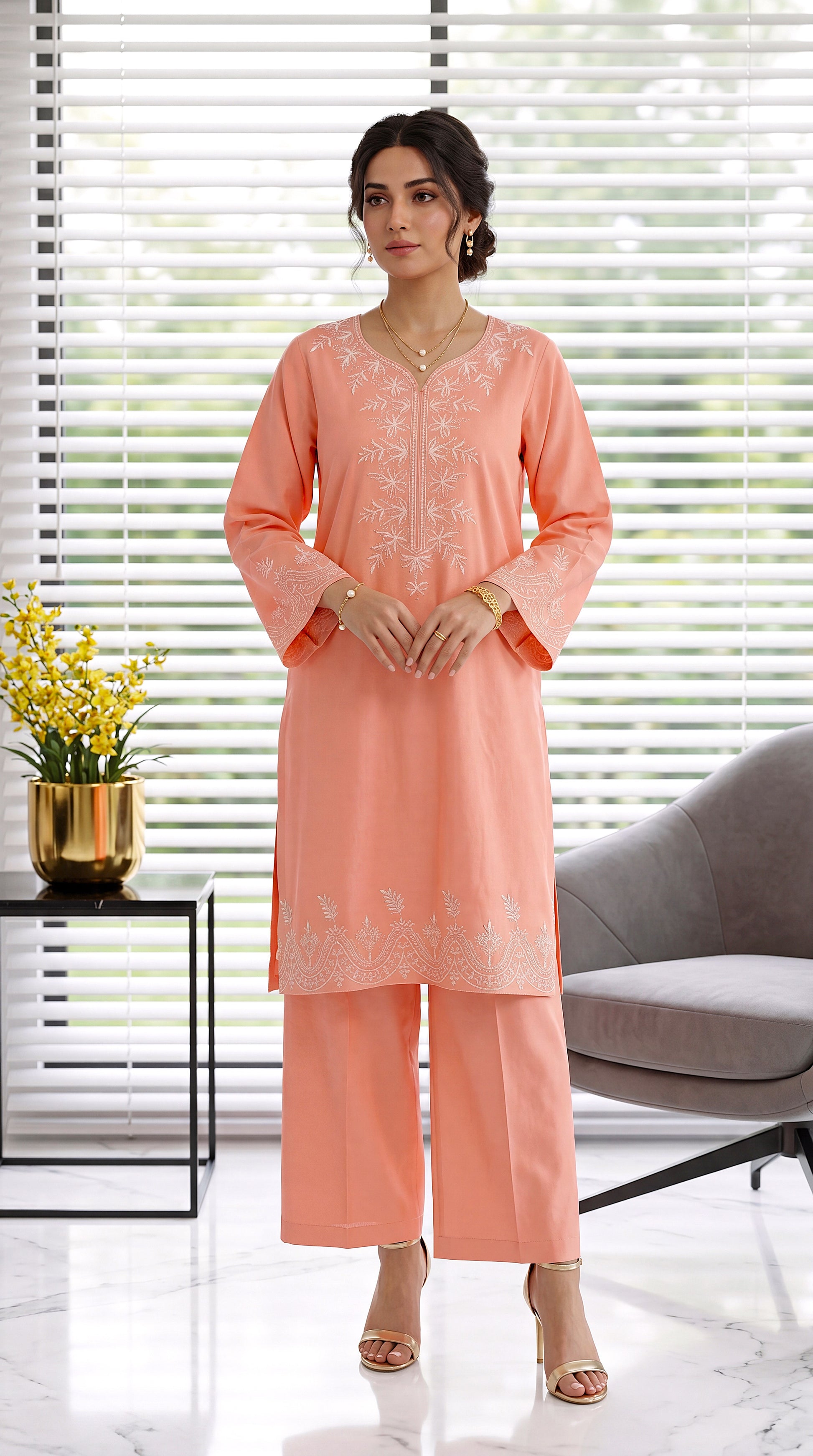 Women's Embroidered Kurta PE00966 | Minimal Floral Threadwork & Border Detail | 2 Piece | Cotton Viscose PINK / SML