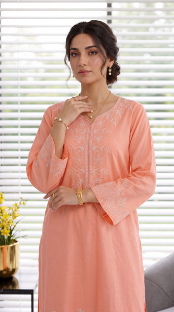 Women's Embroidered Kurta PE00966 | Minimal Floral Threadwork & Border Detail | 2 Piece | Cotton Viscose PINK / SML