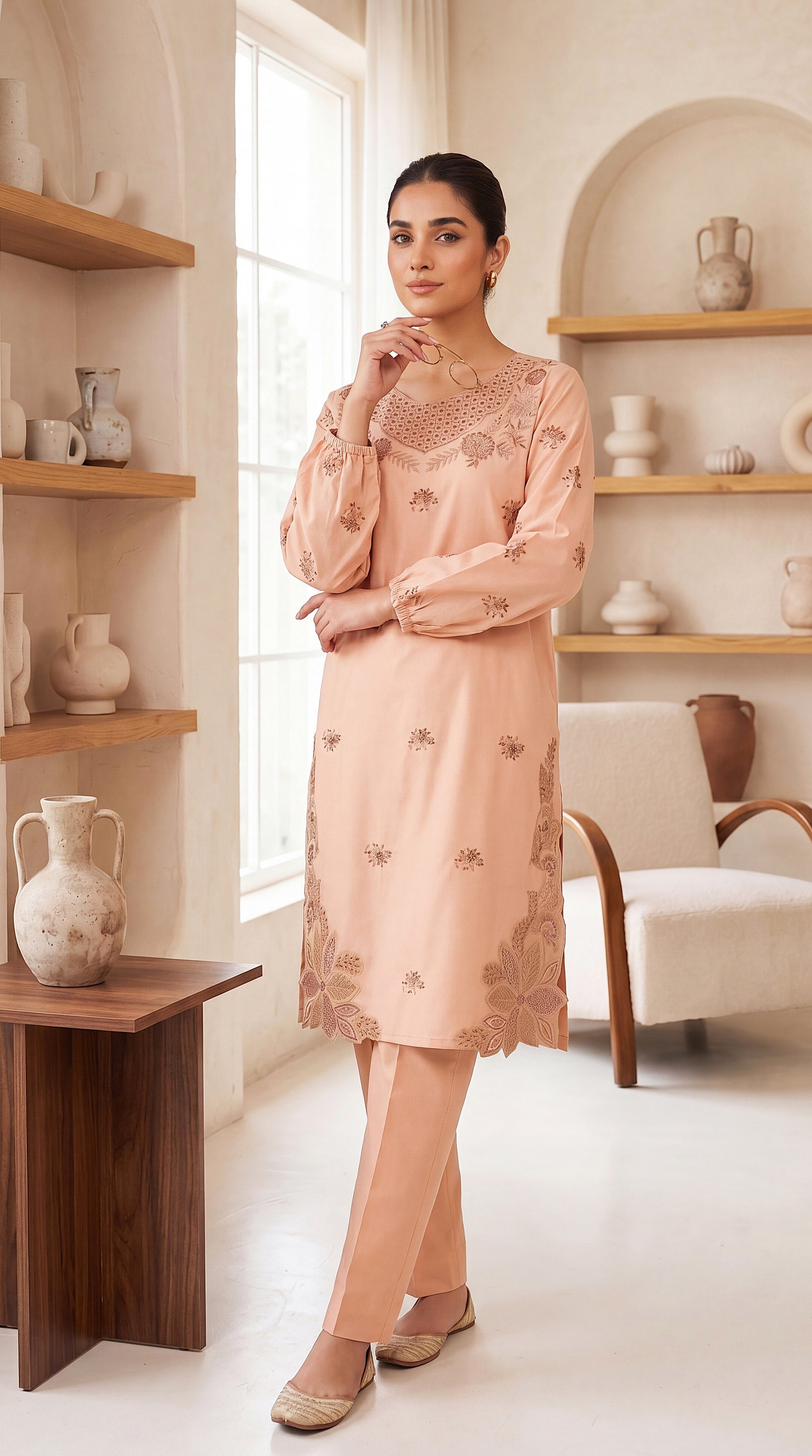 Kurta Set PE00968 Floral Embroidery & Cutwork Detail 2 Piece BAGE / SML