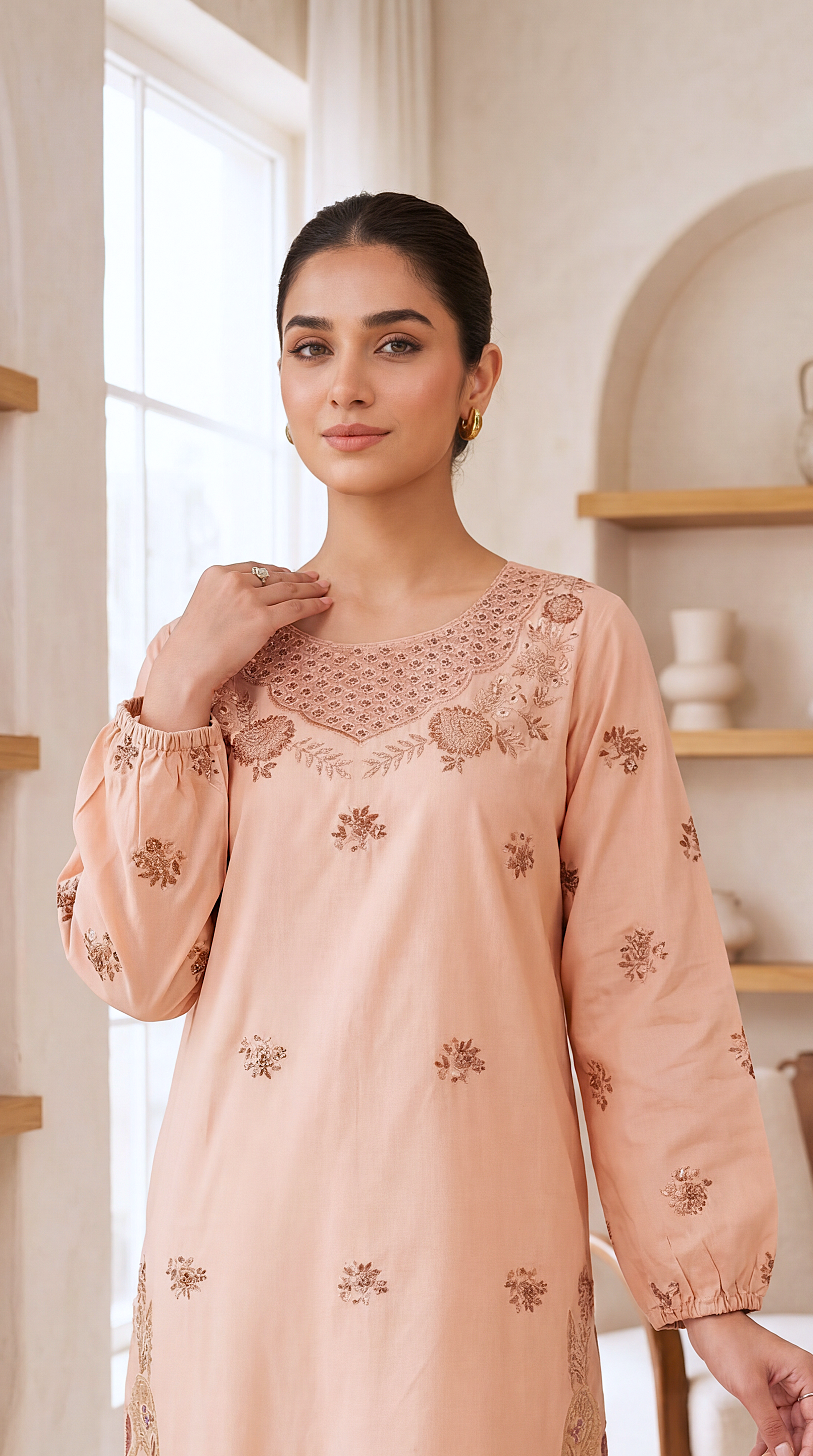 Kurta Set PE00968 Floral Embroidery & Cutwork Detail 2 Piece BAGE / SML