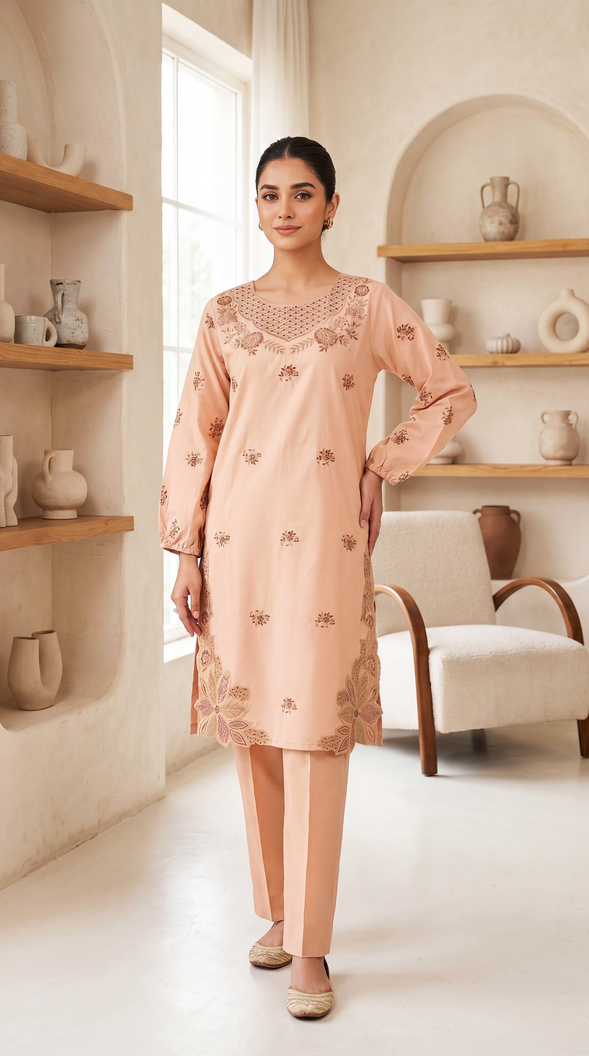 Kurta Set PE00968 Floral Embroidery & Cutwork Detail 2 Piece BAGE / SML