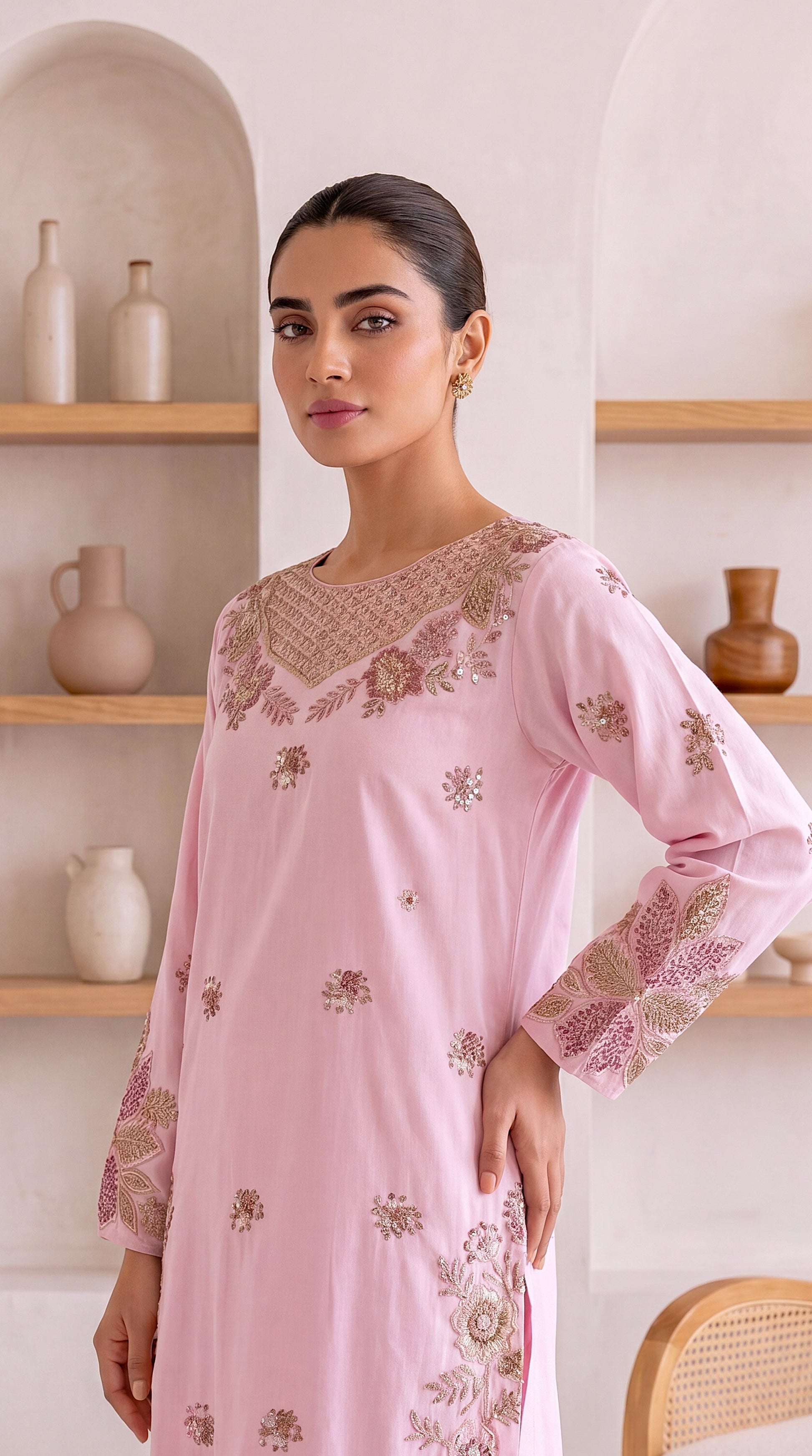 Kurta Set PE00968 Floral Embroidery & Cutwork Detail 2 Piece PINK / SML