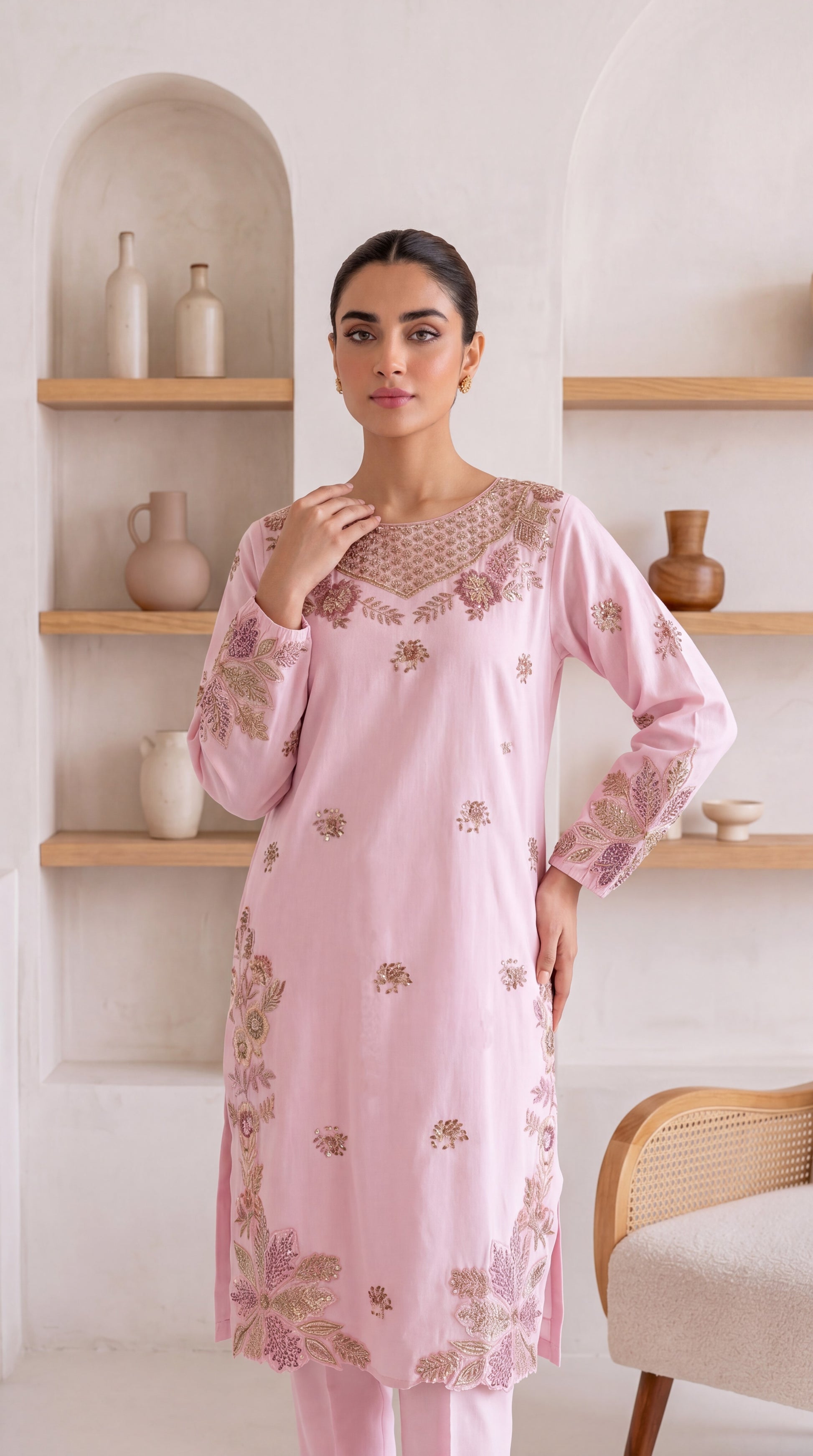 Kurta Set PE00968 Floral Embroidery & Cutwork Detail 2 Piece PINK / SML