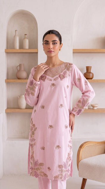 Kurta Set PE00968 Floral Embroidery & Cutwork Detail 2 Piece PINK / SML