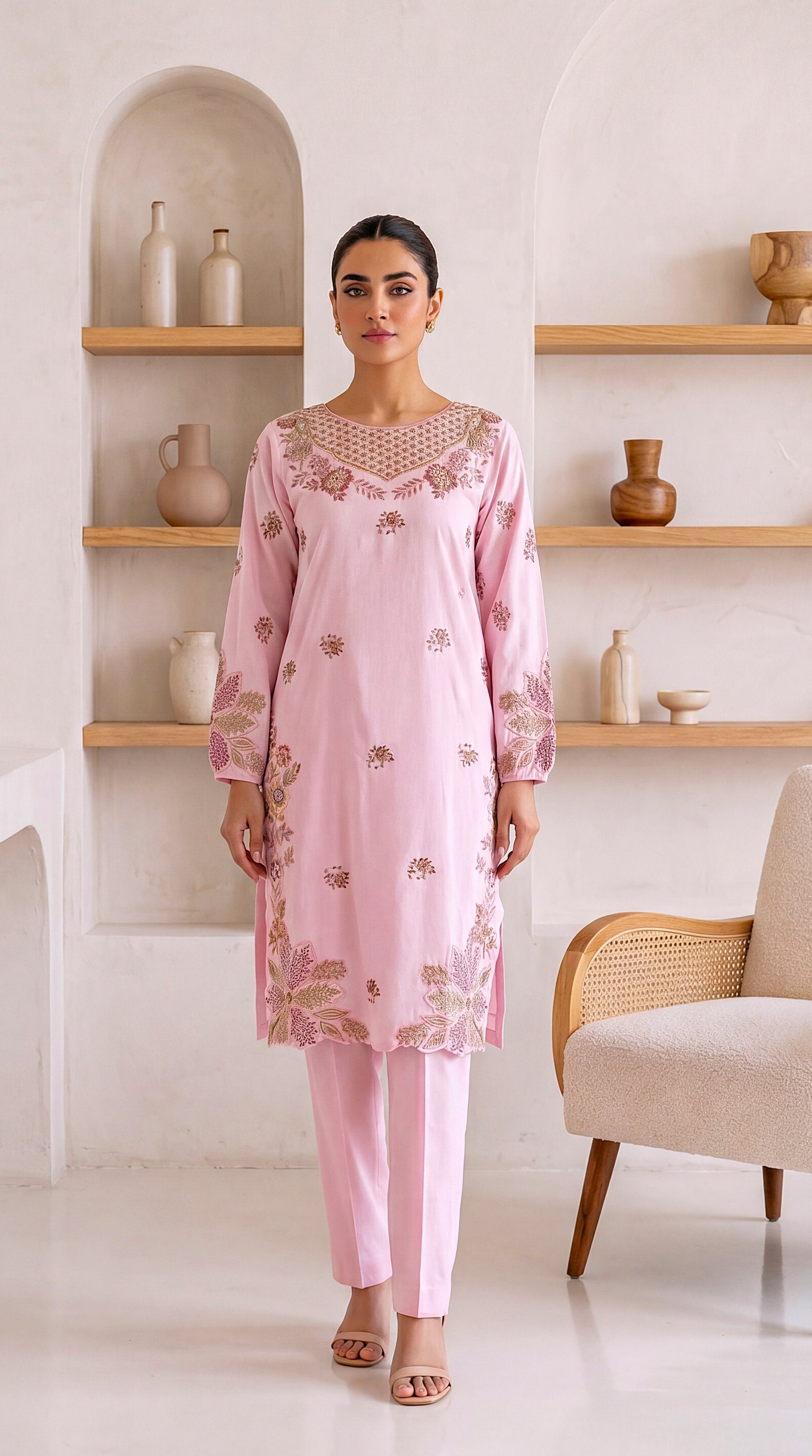 Kurta Set PE00968 Floral Embroidery & Cutwork Detail 2 Piece PINK / SML