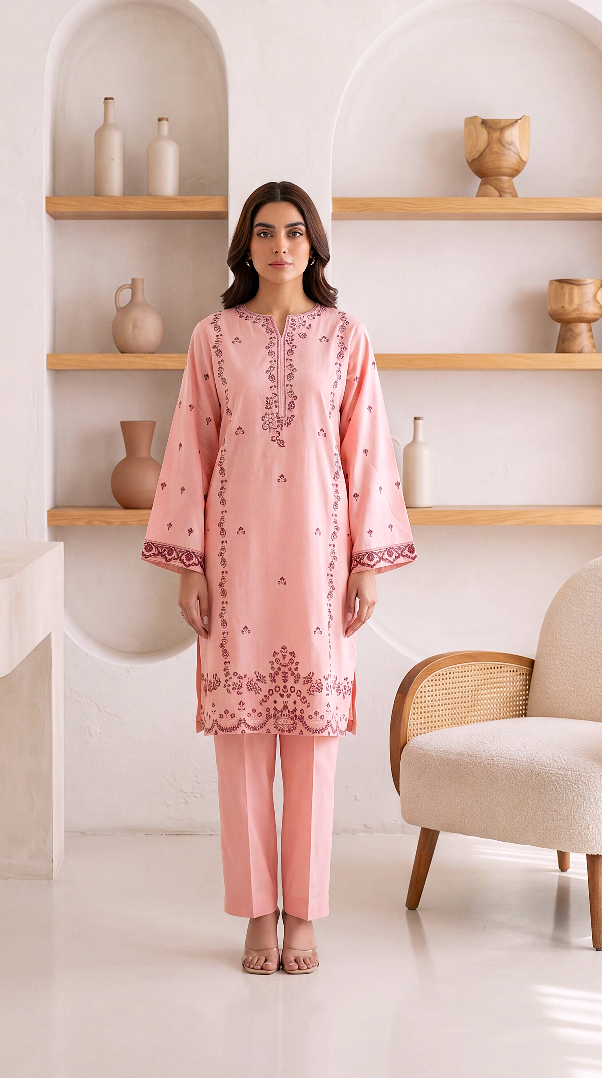 Kurta Set PE00969 Floral Embroidery & Border Detail 2 Piece PINK / SML