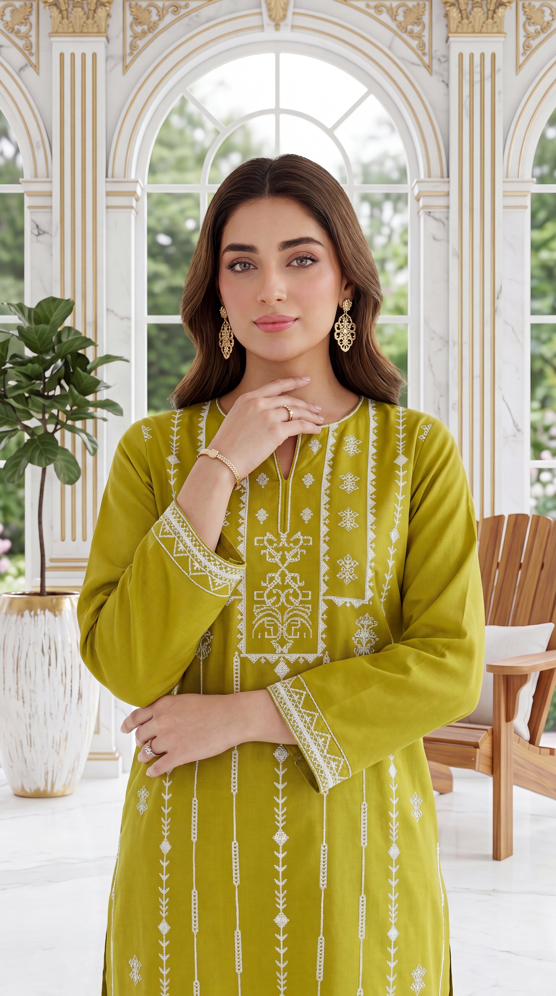 Beige Gold Printed Dupatta & Minimal Elegant Motifs 3 Piece Embroidered Suit - PE00971 Mehandi / SML