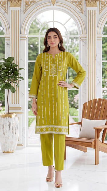 Beige Gold Printed Dupatta & Minimal Elegant Motifs 3 Piece Embroidered Suit - PE00971 Mehandi / SML