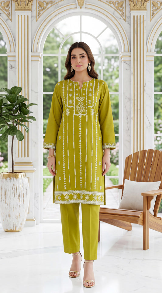 Beige Gold Printed Dupatta & Minimal Elegant Motifs 3 Piece Embroidered Suit - PE00971 Mehandi / SML