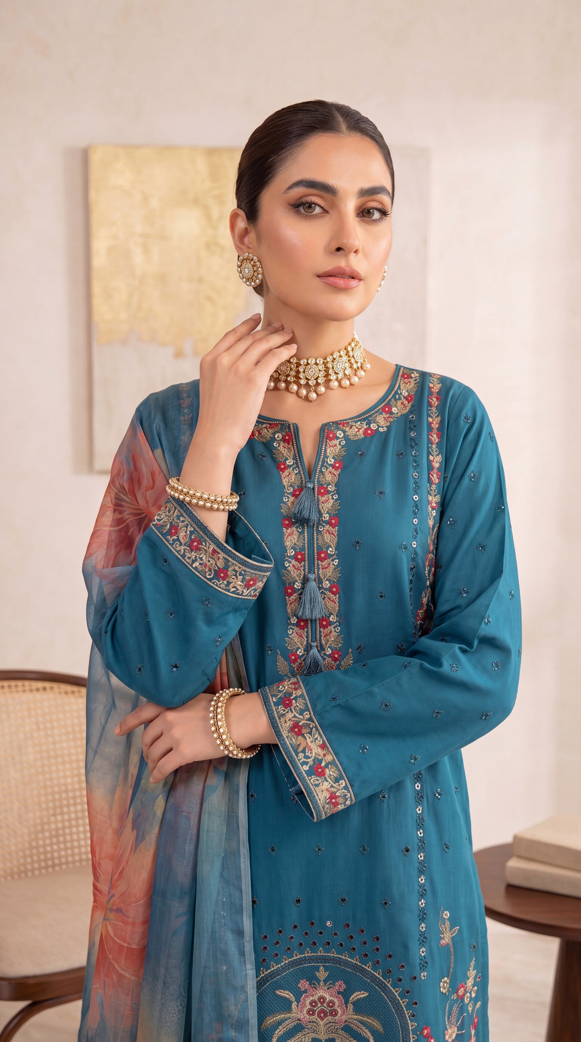 Women's Luxury Suit PE00999 | Embroidered Panels, Ornamental Borders & Floral Dupatta | 3 Piece | Premium Lawn BLUE / SML
