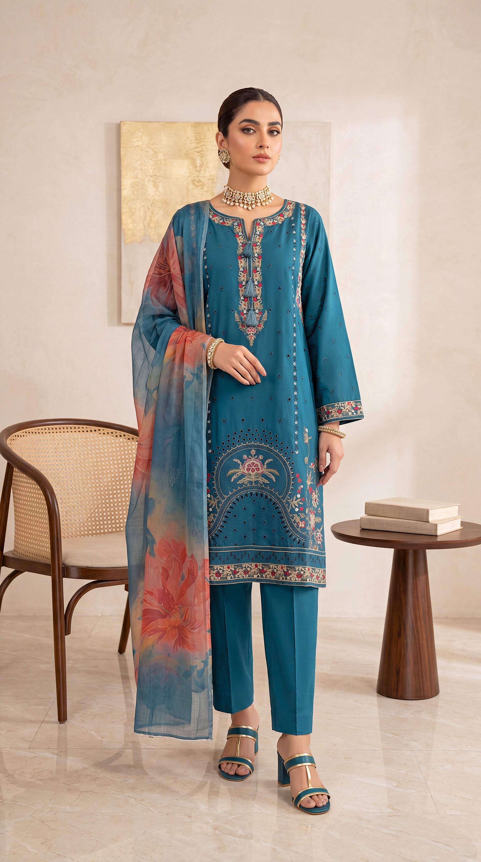 Women's Luxury Suit PE00999 | Embroidered Panels, Ornamental Borders & Floral Dupatta | 3 Piece | Premium Lawn BLUE / SML