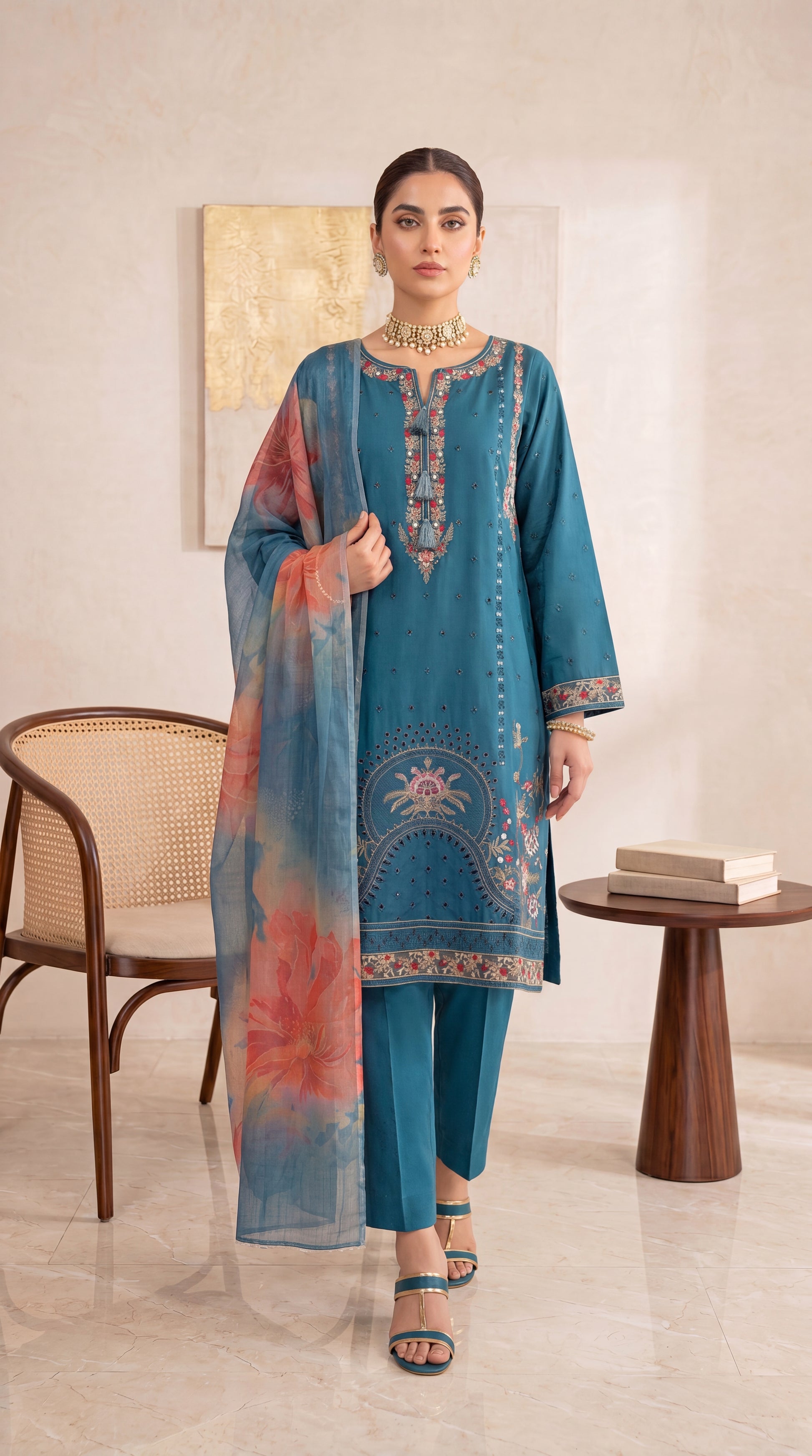 Women's Luxury Suit PE00999 | Embroidered Panels, Ornamental Borders & Floral Dupatta | 3 Piece | Premium Lawn BLUE / SML