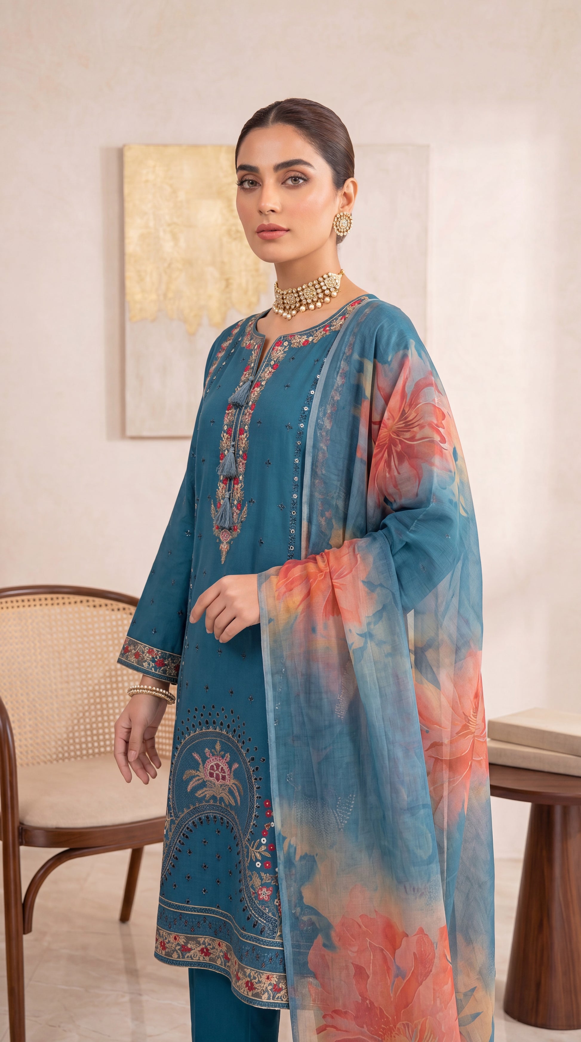 Women's Luxury Suit PE00999 | Embroidered Panels, Ornamental Borders & Floral Dupatta | 3 Piece | Premium Lawn BLUE / SML