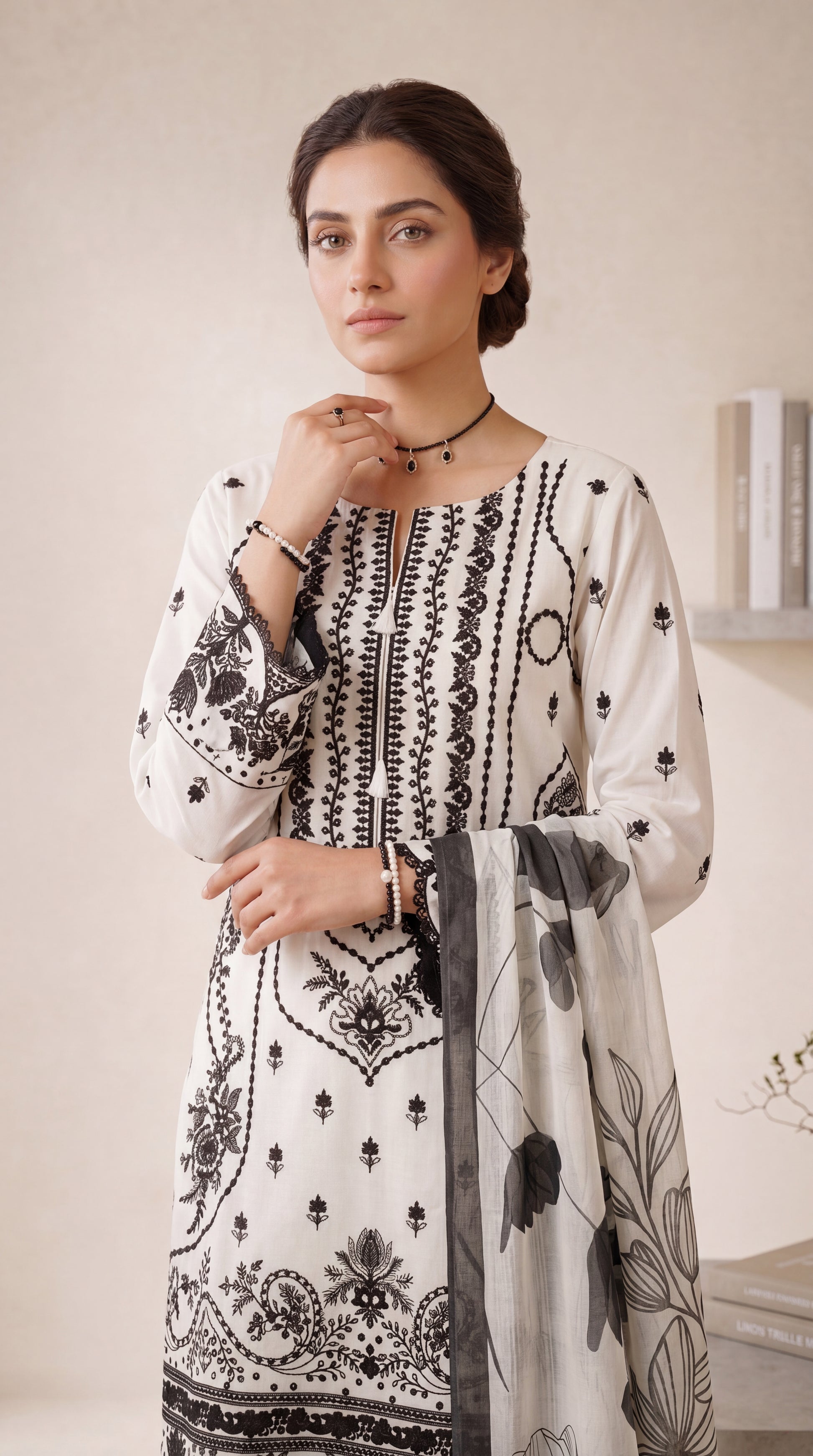 Women's Monochrome Suit PE01000 | Black Floral Print & Contrast Dupatta | 3 Piece | Soft Lawn WHITE / SML