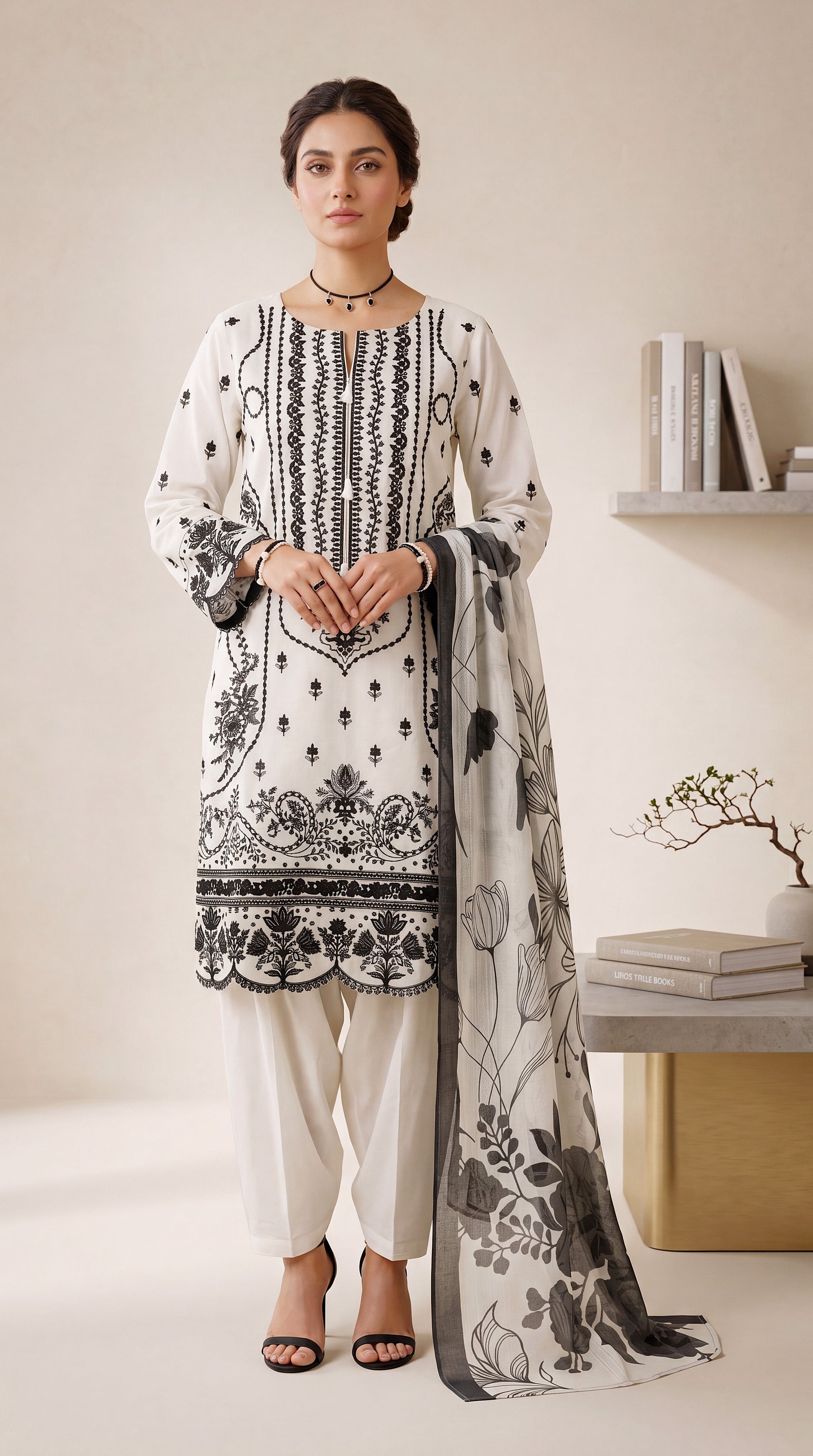 Women's Monochrome Suit PE01000 | Black Floral Print & Contrast Dupatta | 3 Piece | Soft Lawn WHITE / SML