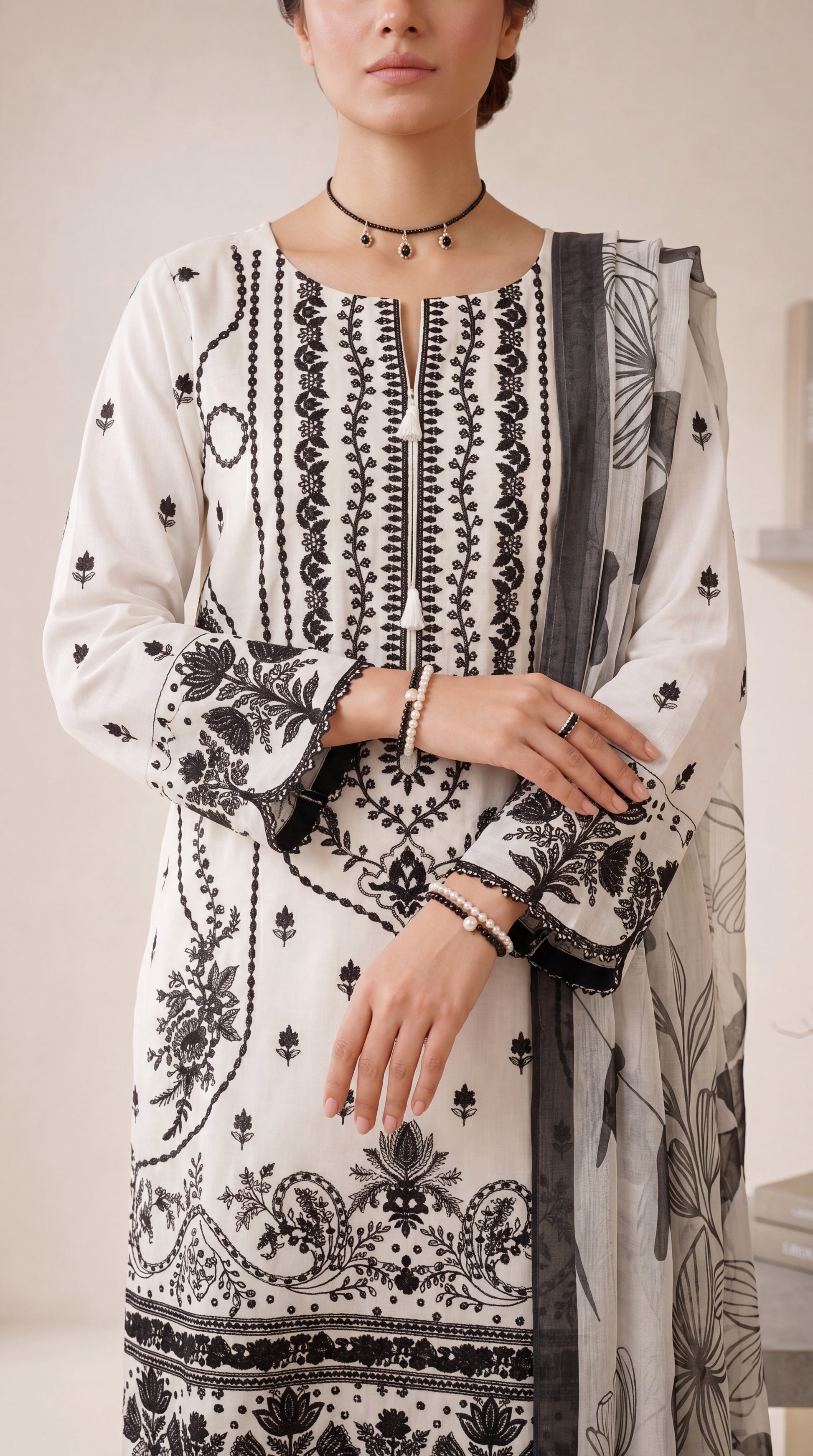 Women's Monochrome Suit PE01000 | Black Floral Print & Contrast Dupatta | 3 Piece | Soft Lawn WHITE / SML