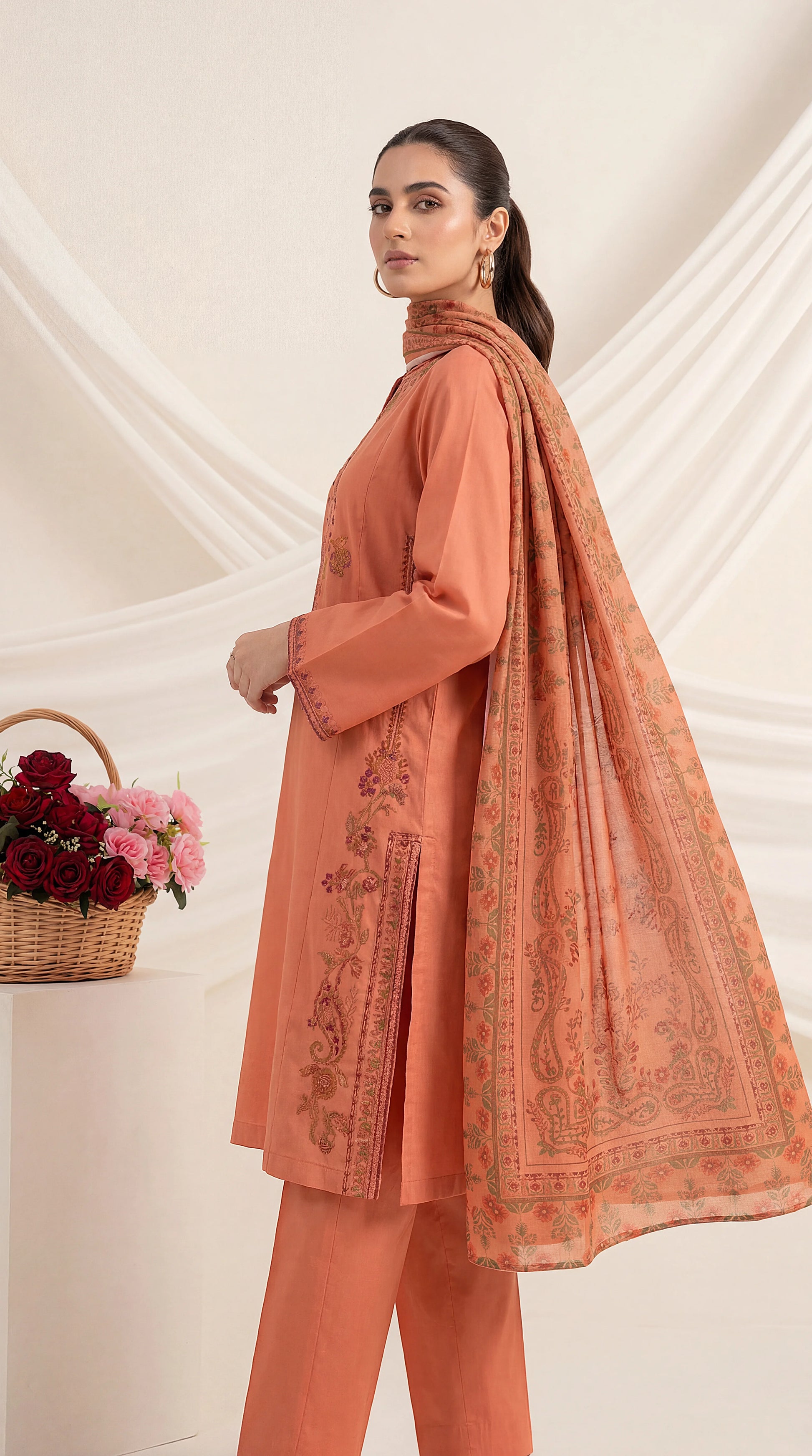 Embroidered  Suit PE01002 Floral  & Printed Dupatta 3 Piece ORANGE / SML
