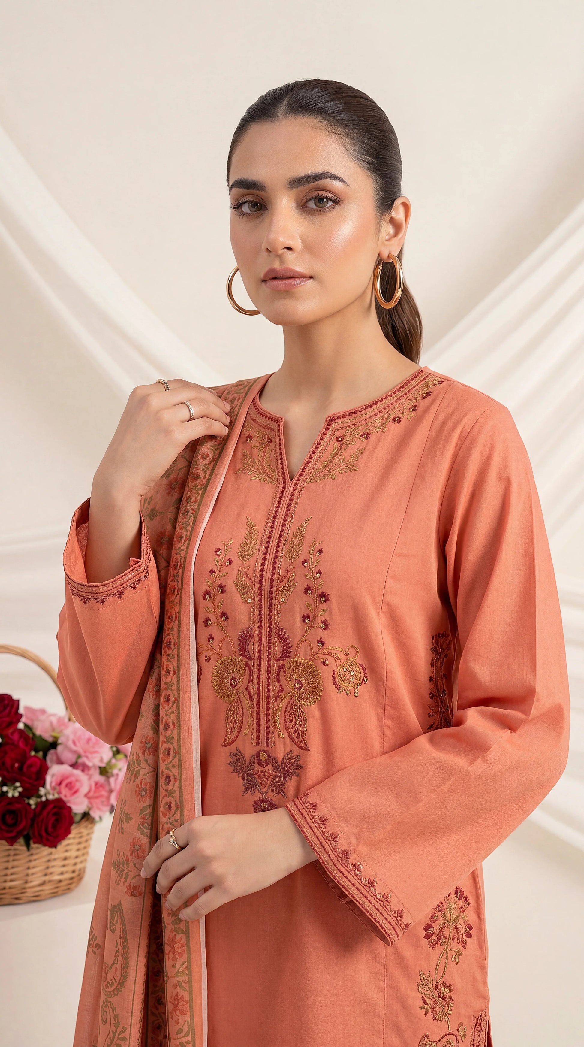 Embroidered  Suit PE01002 Floral  & Printed Dupatta 3 Piece ORANGE / SML